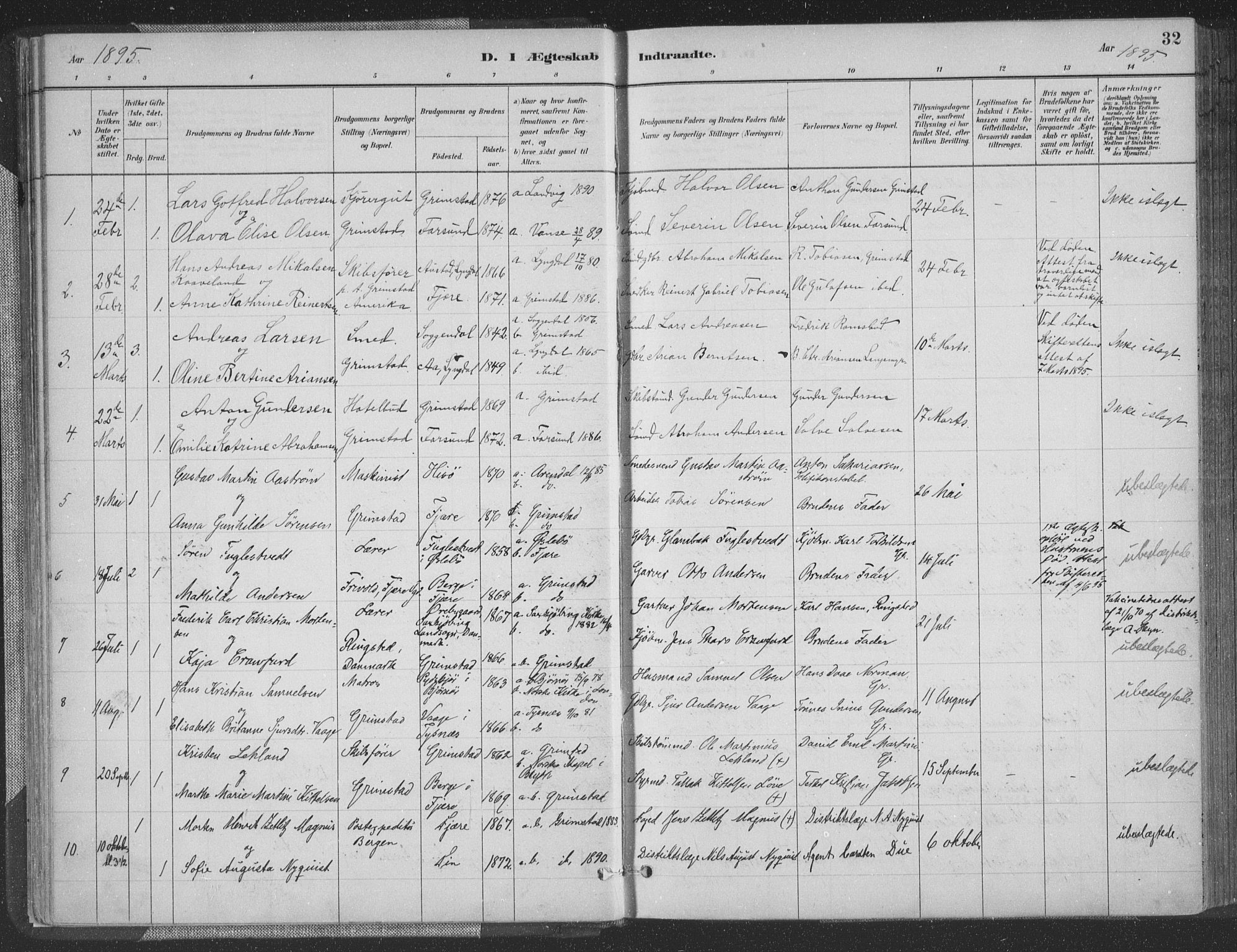 Grimstad sokneprestkontor, AV/SAK-1111-0017/F/Fa/L0004: Parish register (official) no. A 3, 1882-1910, p. 32