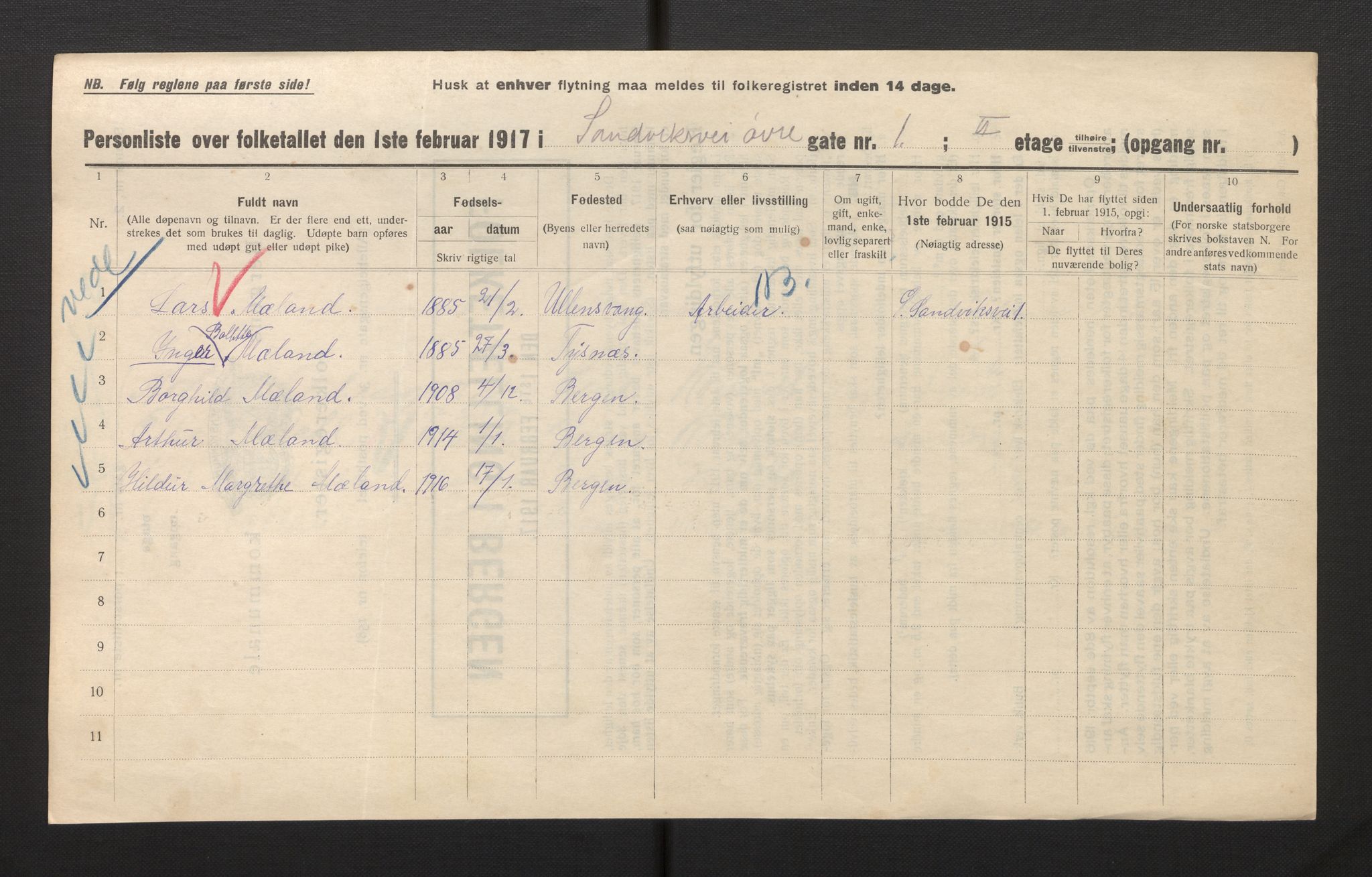 SAB, Municipal Census 1917 for Bergen, 1917, p. 33533