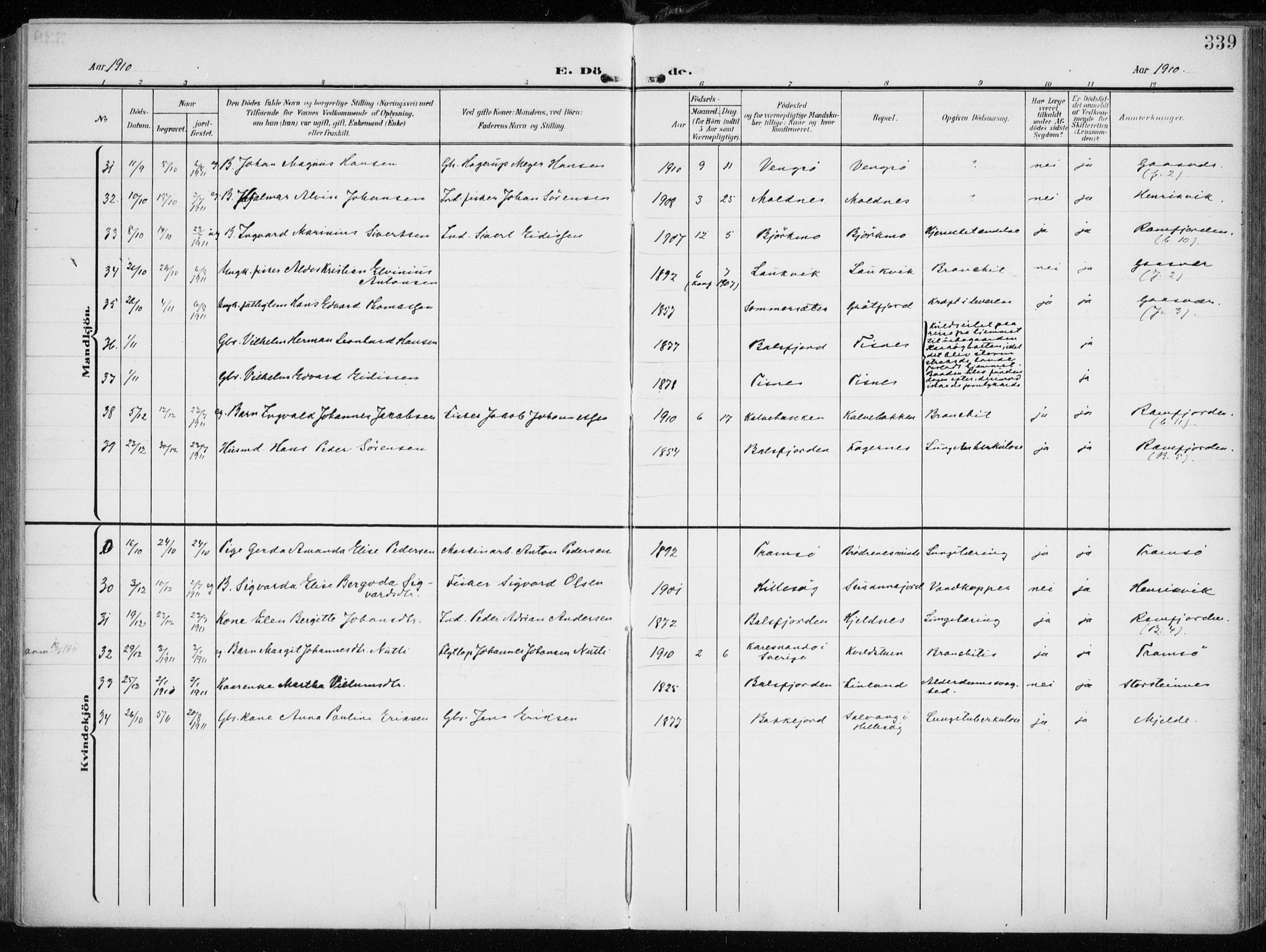 Tromsøysund sokneprestkontor, SATØ/S-1304/G/Ga/L0007kirke: Parish register (official) no. 7, 1907-1914, p. 339
