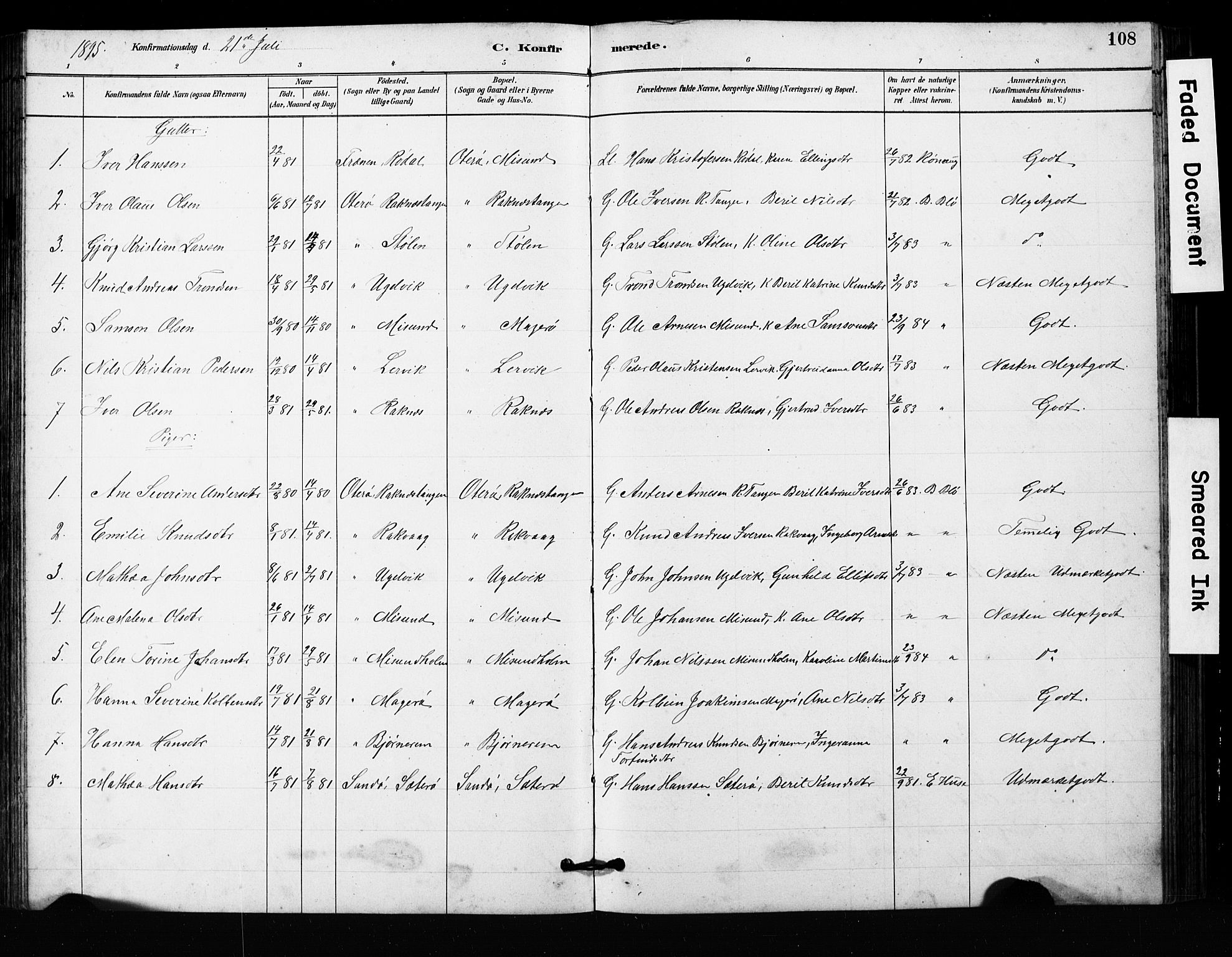 Ministerialprotokoller, klokkerbøker og fødselsregistre - Møre og Romsdal, SAT/A-1454/563/L0737: Parish register (copy) no. 563C01, 1878-1916, p. 108