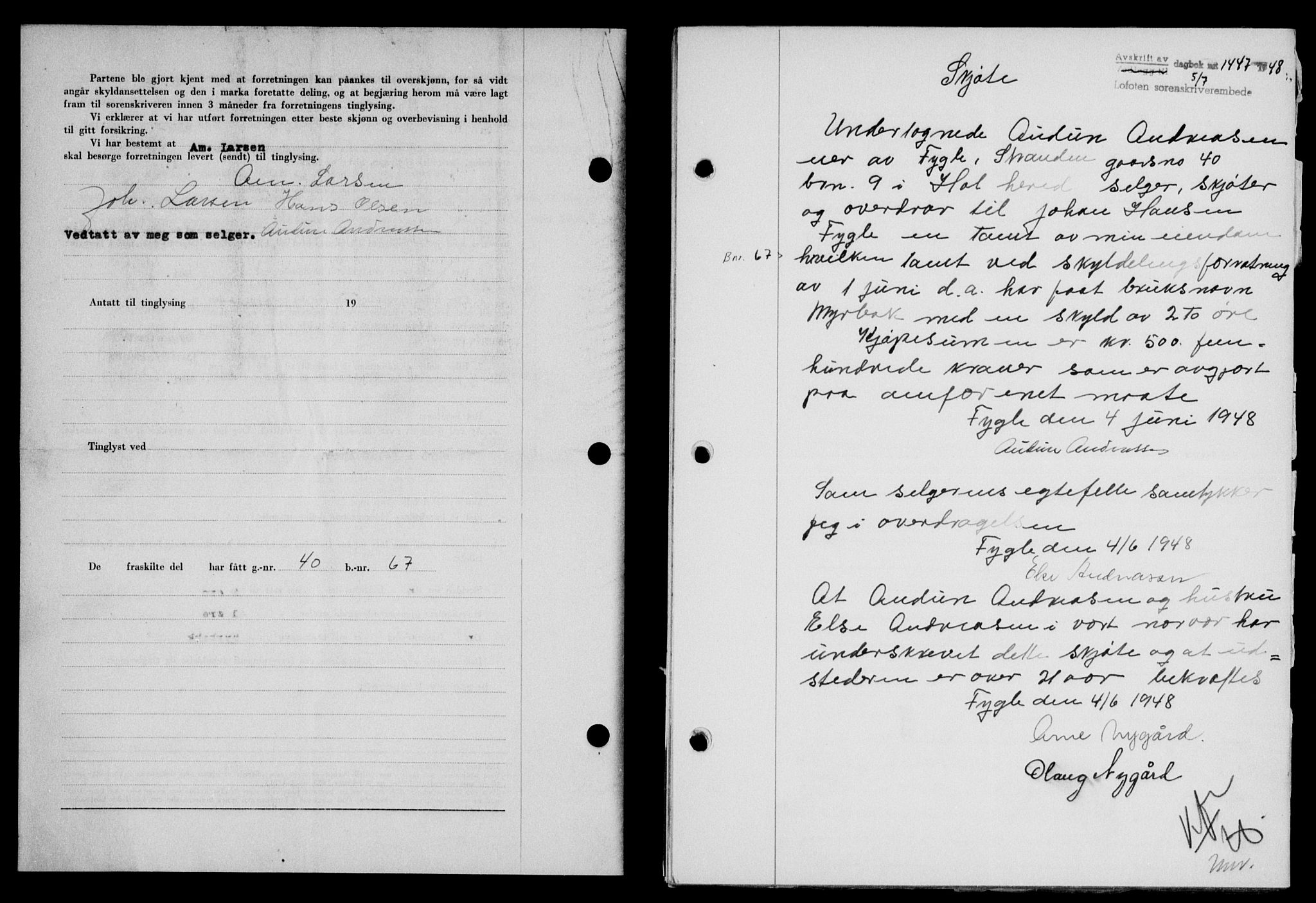 Lofoten sorenskriveri, SAT/A-0017/1/2/2C/L0018a: Mortgage book no. 18a, 1948-1948, Diary no: : 1447/1948