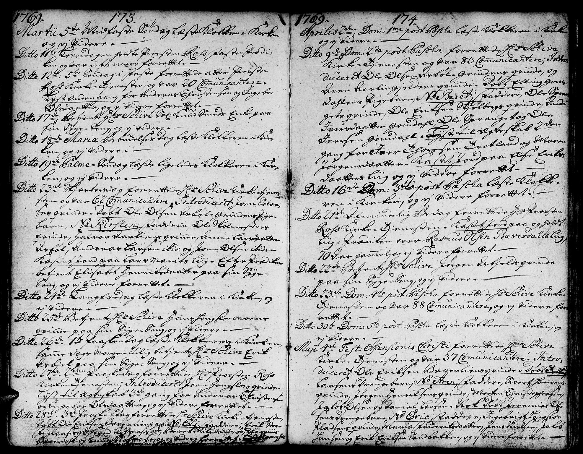 Ministerialprotokoller, klokkerbøker og fødselsregistre - Sør-Trøndelag, SAT/A-1456/671/L0840: Parish register (official) no. 671A02, 1756-1794, p. 173-174