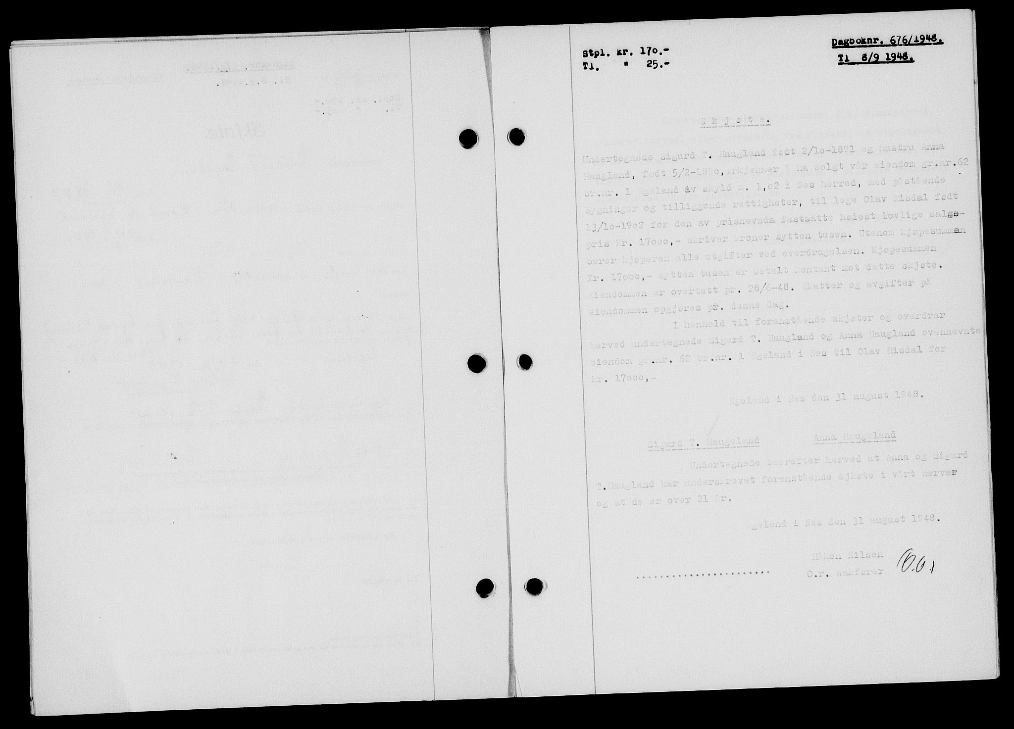 Flekkefjord sorenskriveri, SAK/1221-0001/G/Gb/Gba/L0064: Mortgage book no. A-12, 1948-1949, Diary no: : 676/1948