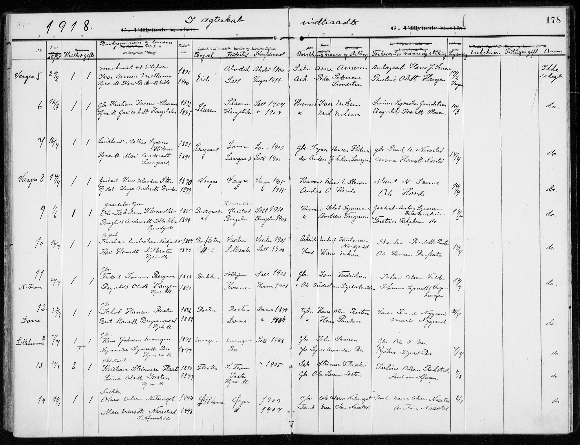 Sel prestekontor, SAH/PREST-074/H/Ha/Haa/L0002: Parish register (official) no. 2, 1905-1919, p. 178