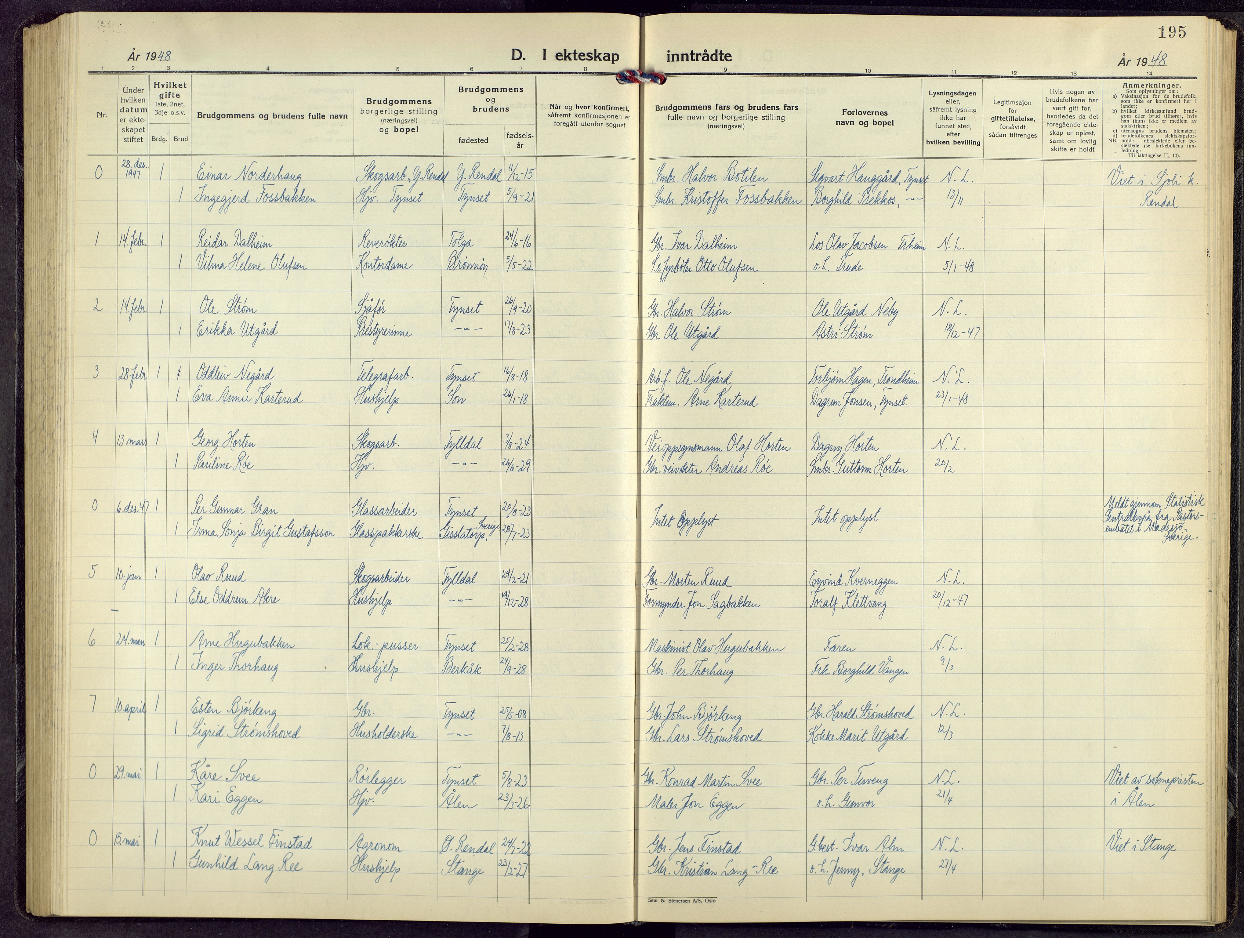 Tynset prestekontor, AV/SAH-PREST-058/H/Ha/Hab/L0014: Parish register (copy) no. 14, 1944-1960, p. 195