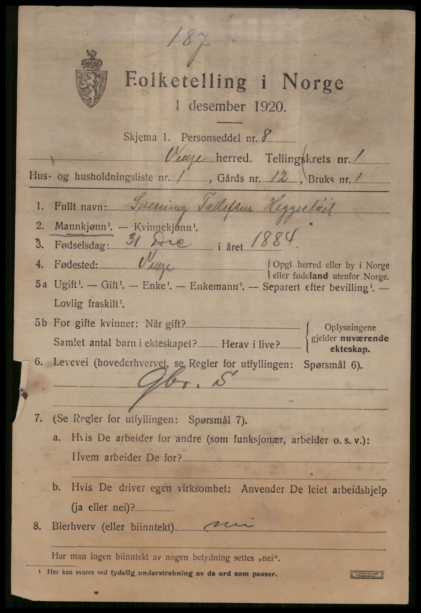 SAKO, 1920 census for Vinje, 1920, p. 719