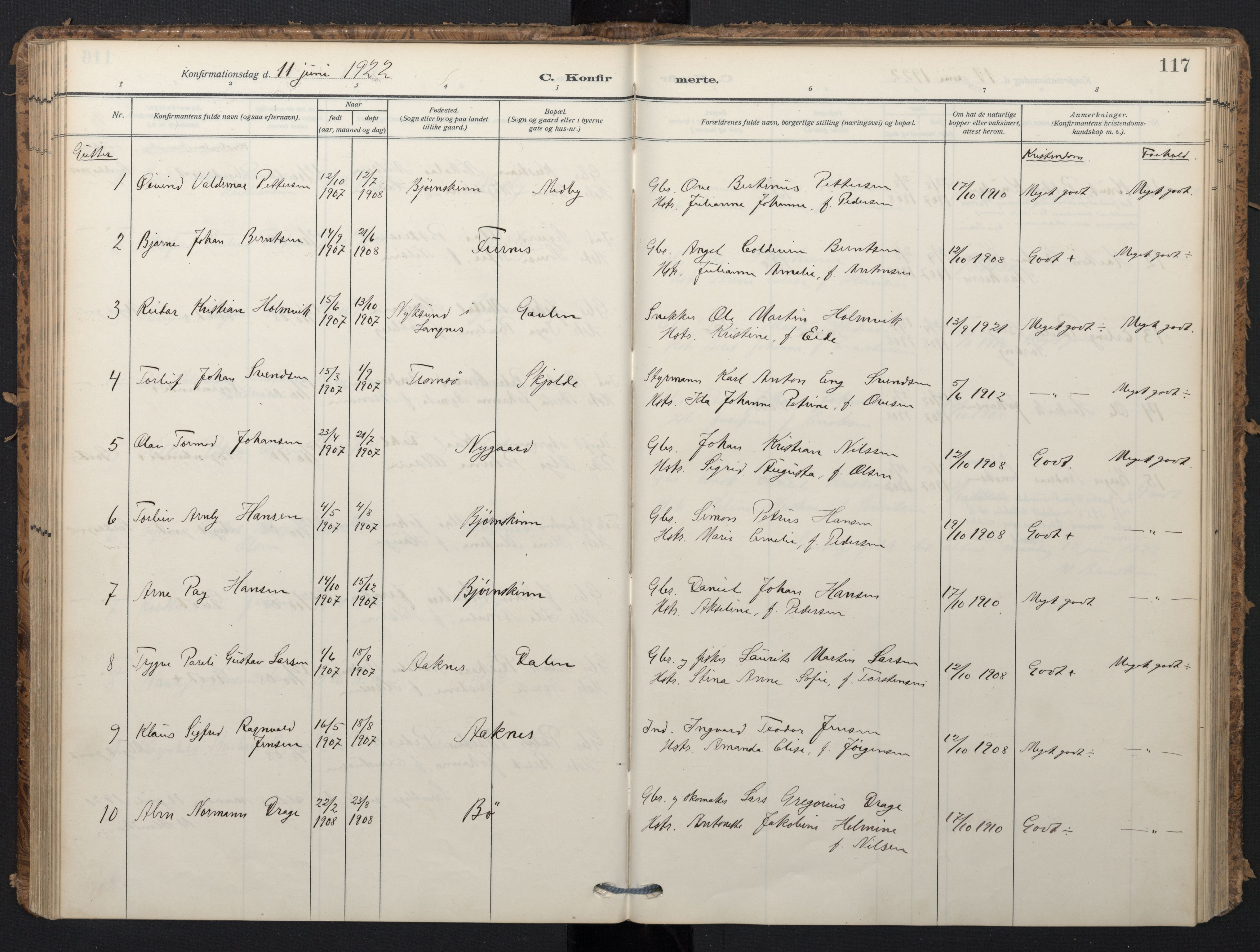Ministerialprotokoller, klokkerbøker og fødselsregistre - Nordland, SAT/A-1459/898/L1423: Parish register (official) no. 898A03, 1909-1928, p. 117