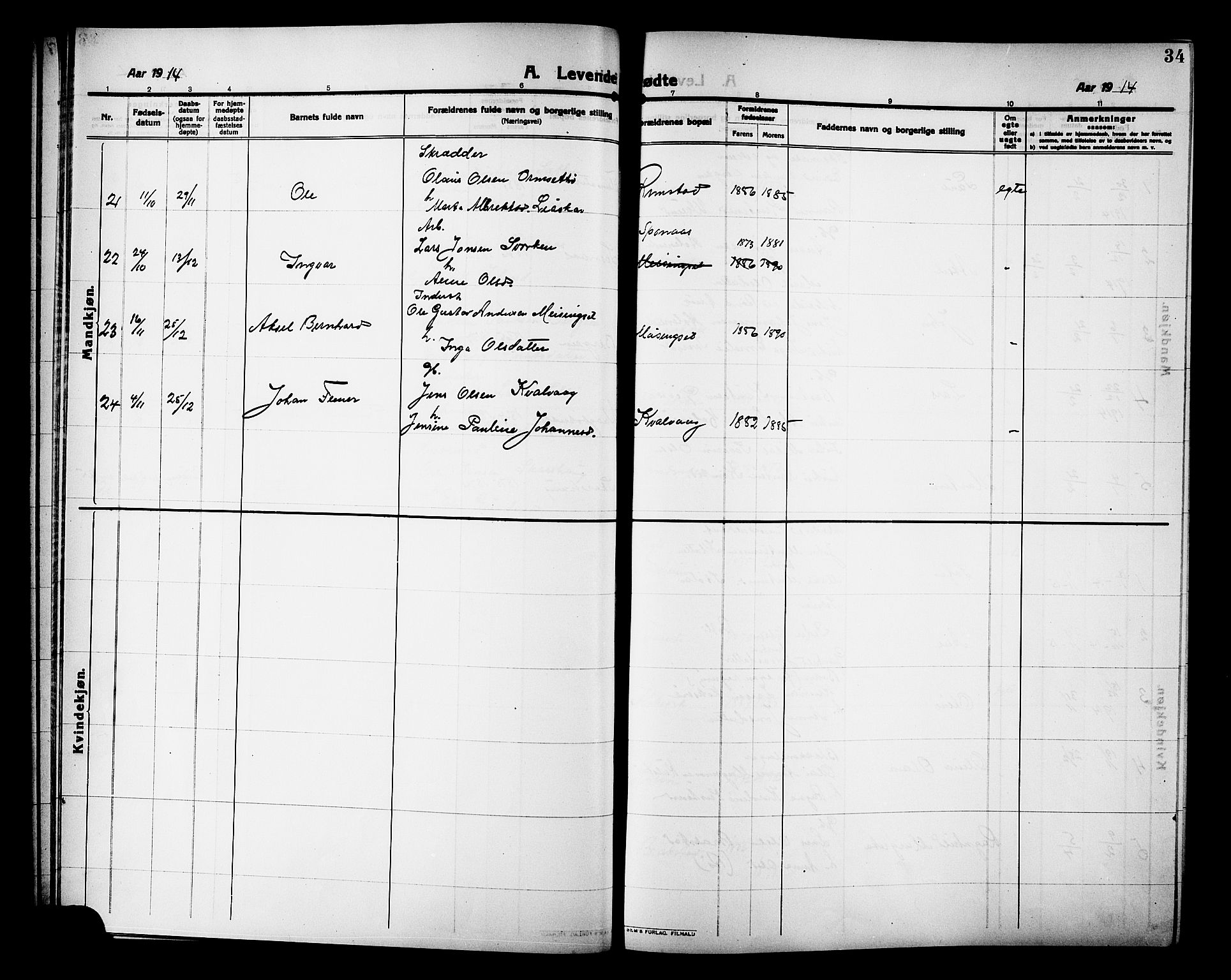 Ministerialprotokoller, klokkerbøker og fødselsregistre - Møre og Romsdal, AV/SAT-A-1454/586/L0993: Parish register (copy) no. 586C04, 1910-1918, p. 34