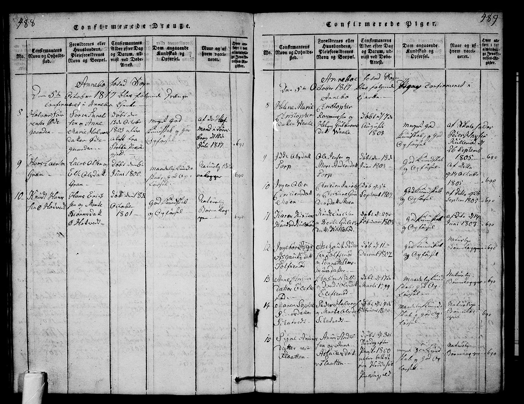 Andebu kirkebøker, AV/SAKO-A-336/G/Ga/L0001: Parish register (copy) no. I 1 /1, 1815-1823, p. 488-489