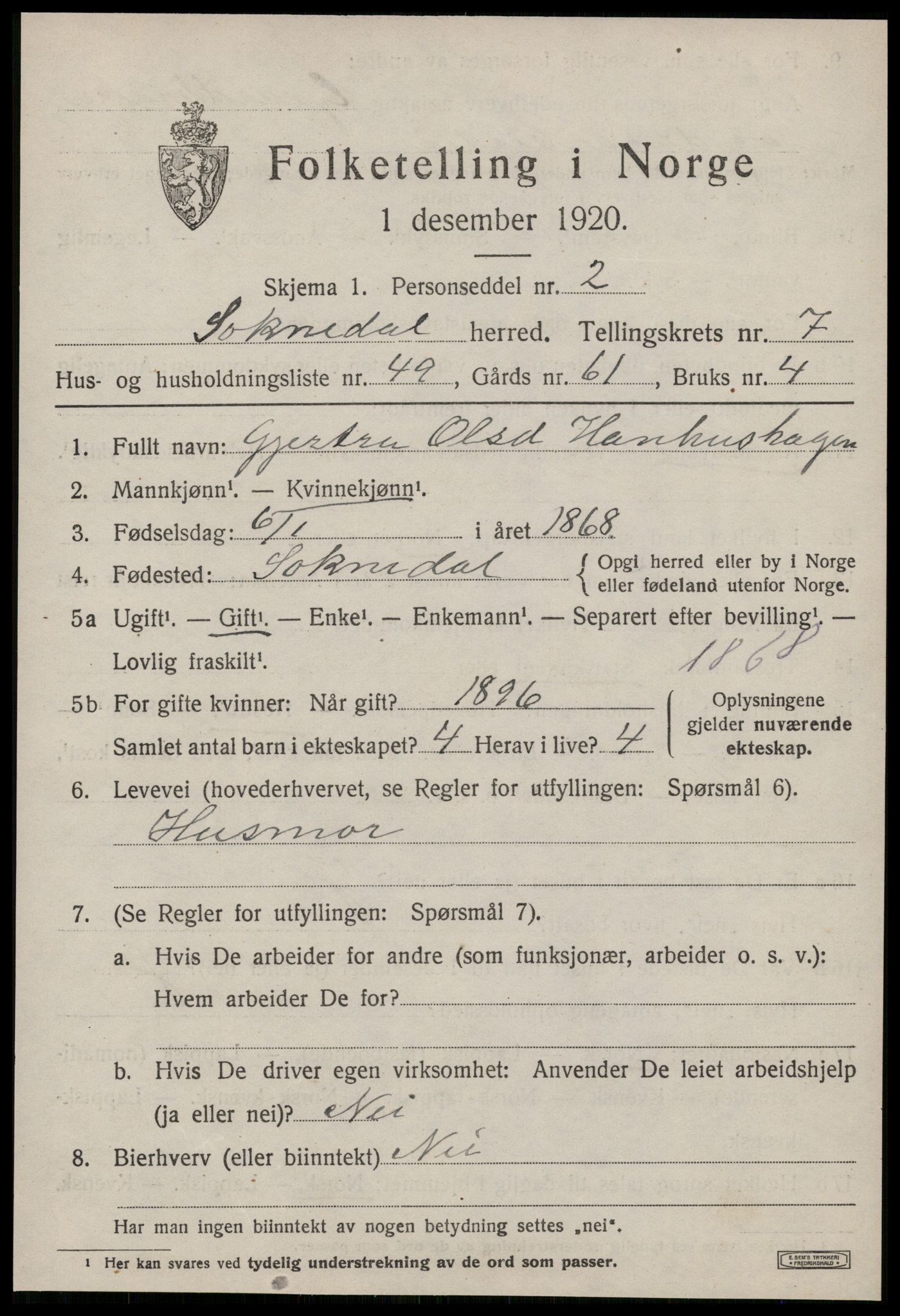 SAT, 1920 census for Soknedal, 1920, p. 3978