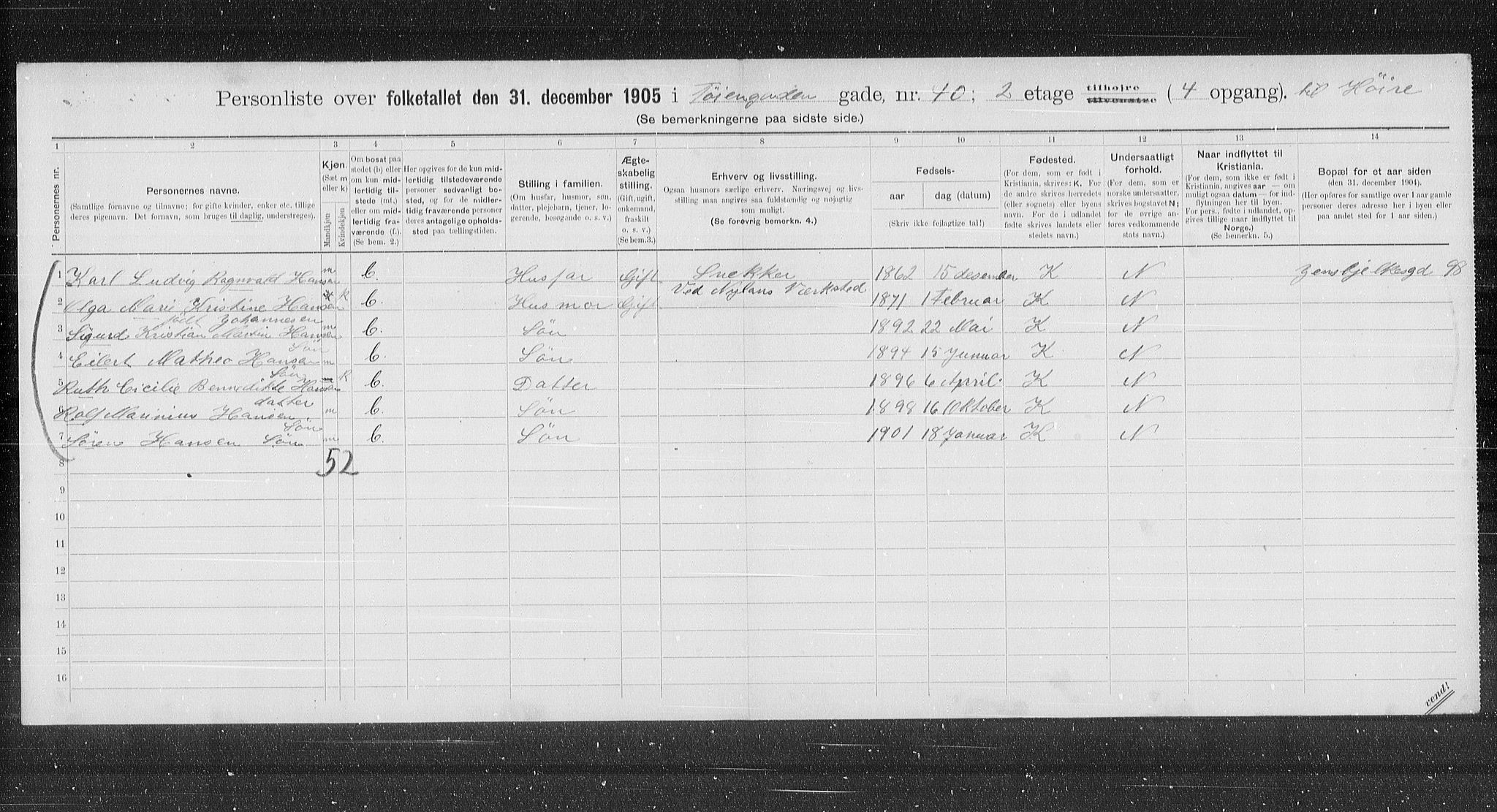 OBA, Municipal Census 1905 for Kristiania, 1905, p. 62271