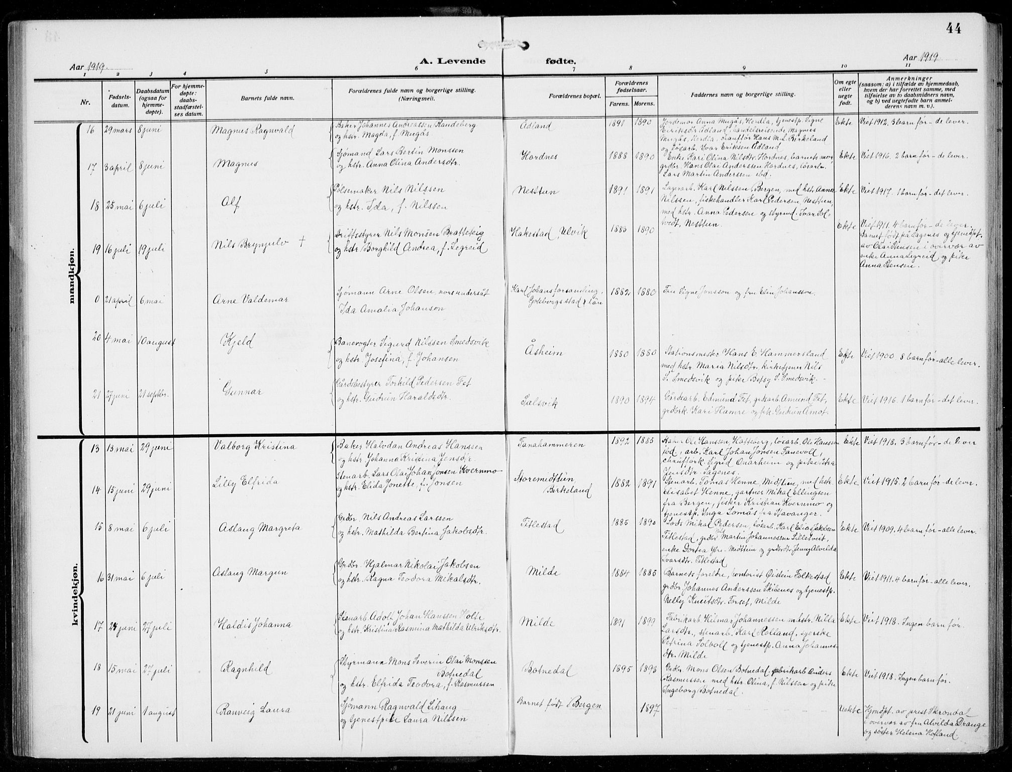 Fana Sokneprestembete, AV/SAB-A-75101/H/Hab/Haba/L0005: Parish register (copy) no. A 5, 1911-1932, p. 44