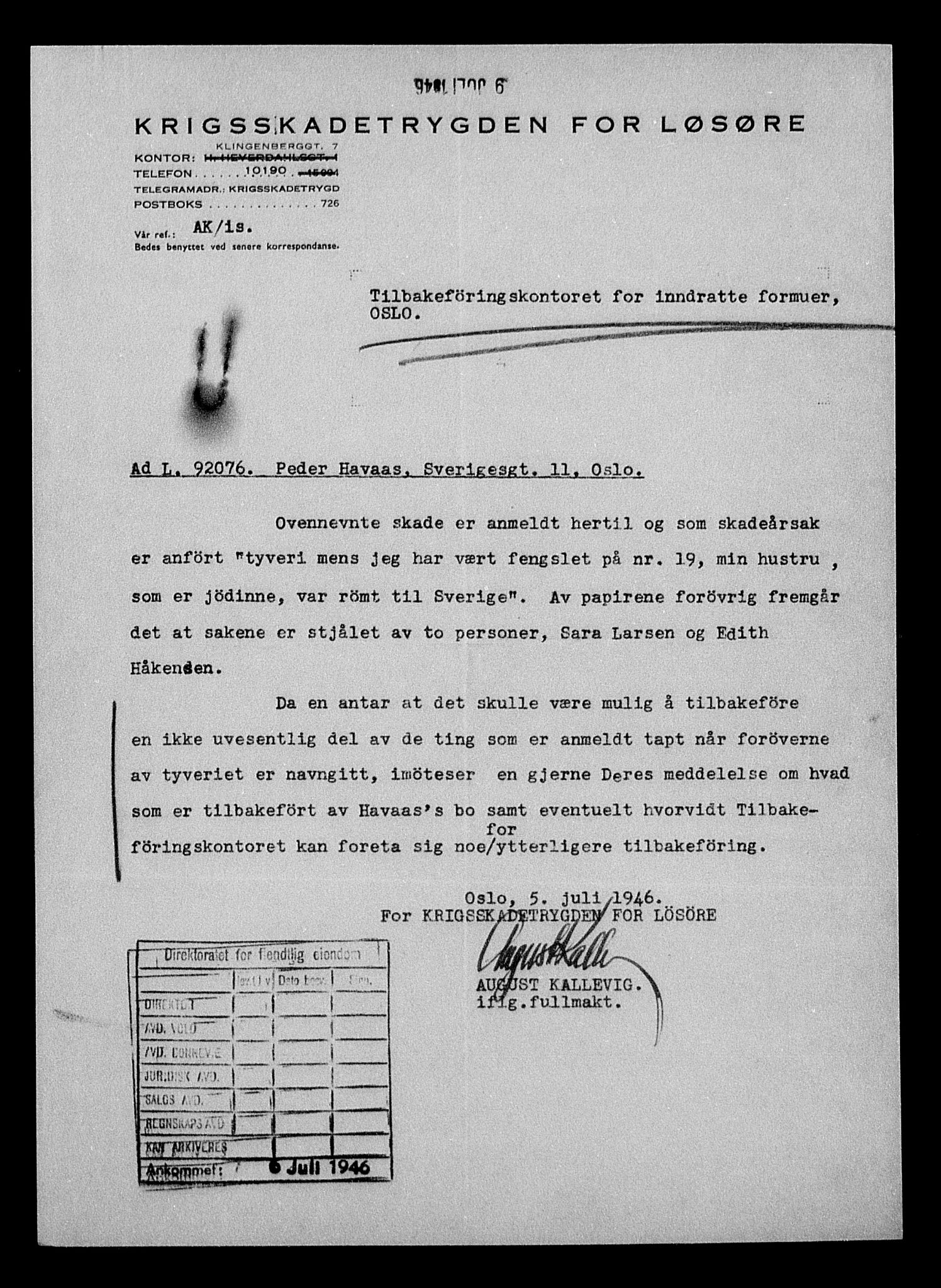 Justisdepartementet, Tilbakeføringskontoret for inndratte formuer, AV/RA-S-1564/H/Hc/Hcc/L0942: --, 1945-1947, p. 924