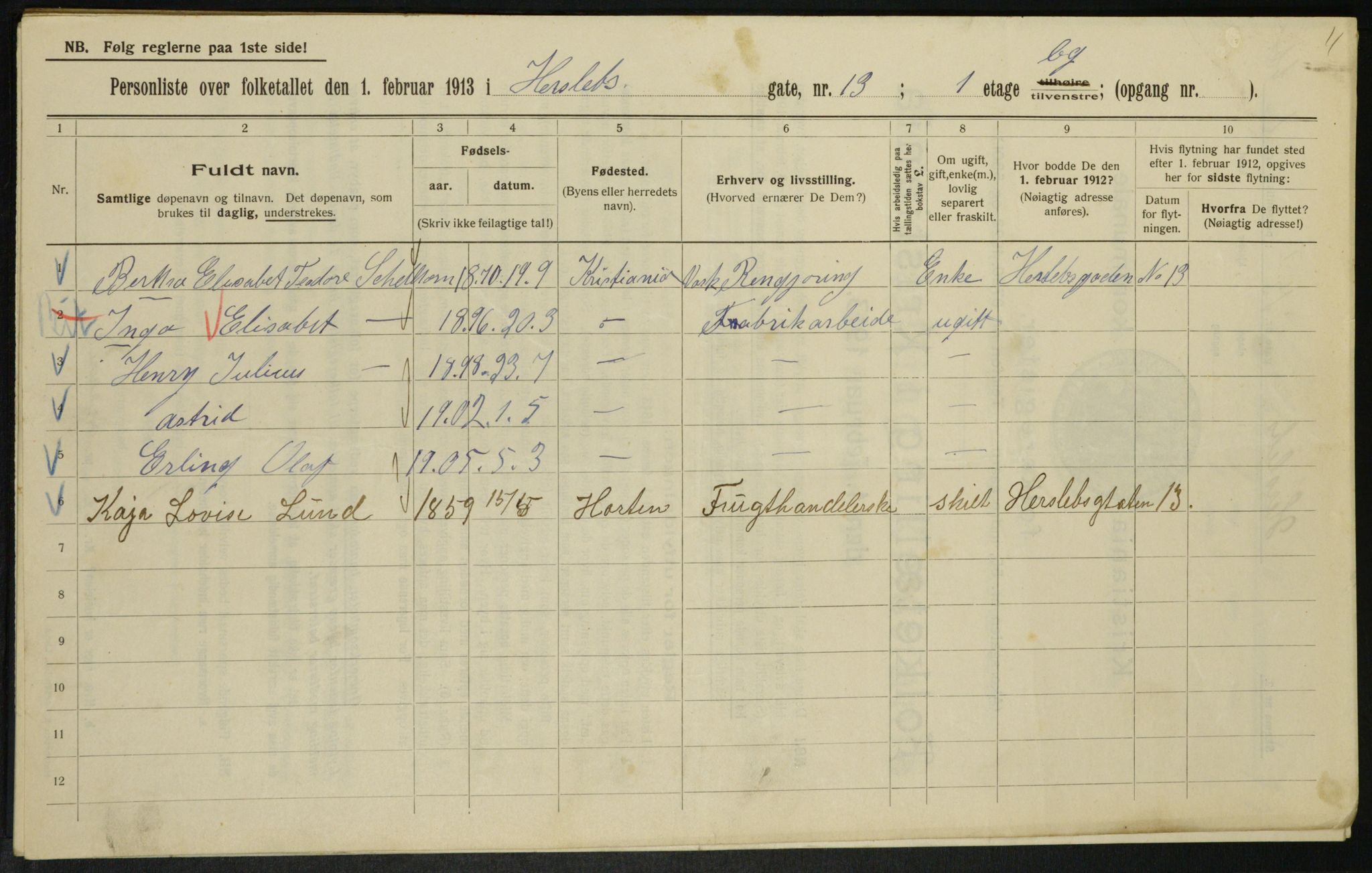 OBA, Municipal Census 1913 for Kristiania, 1913, p. 39260