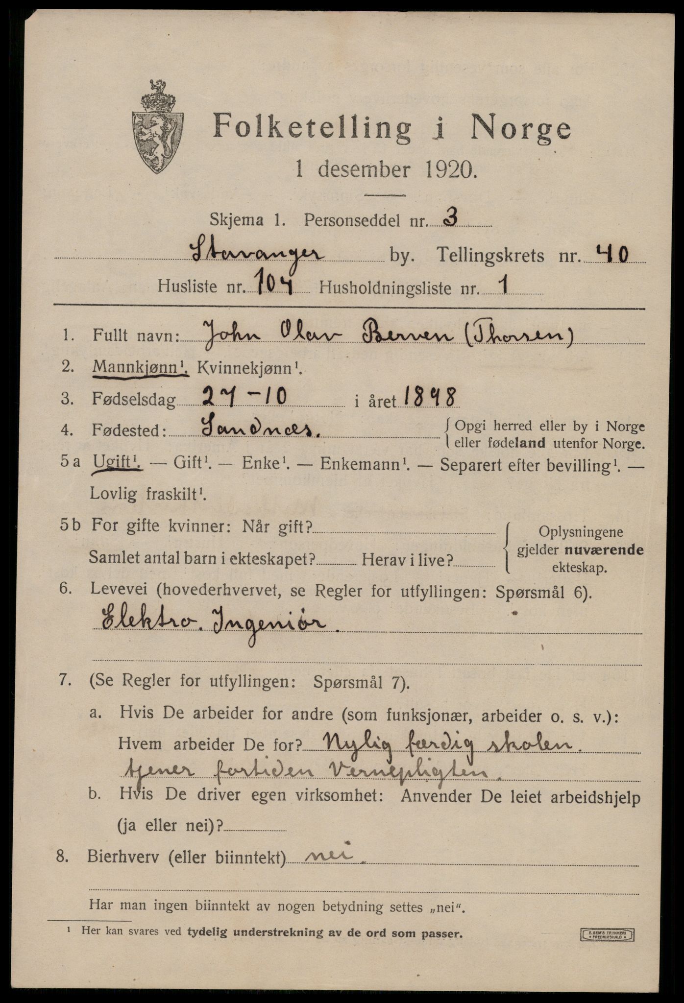 SAST, 1920 census for Stavanger, 1920, p. 103592