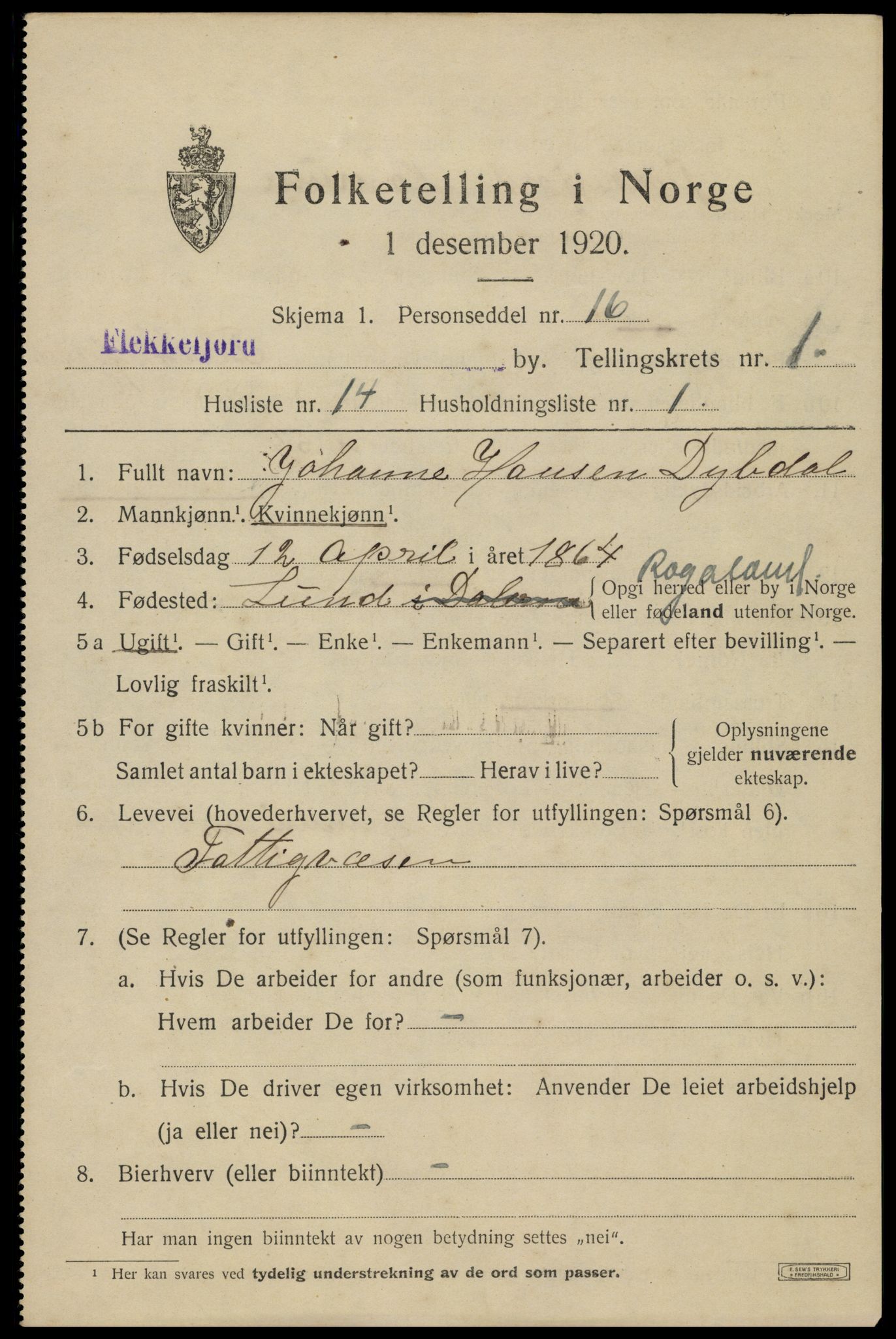 SAK, 1920 census for Flekkefjord, 1920, p. 2026