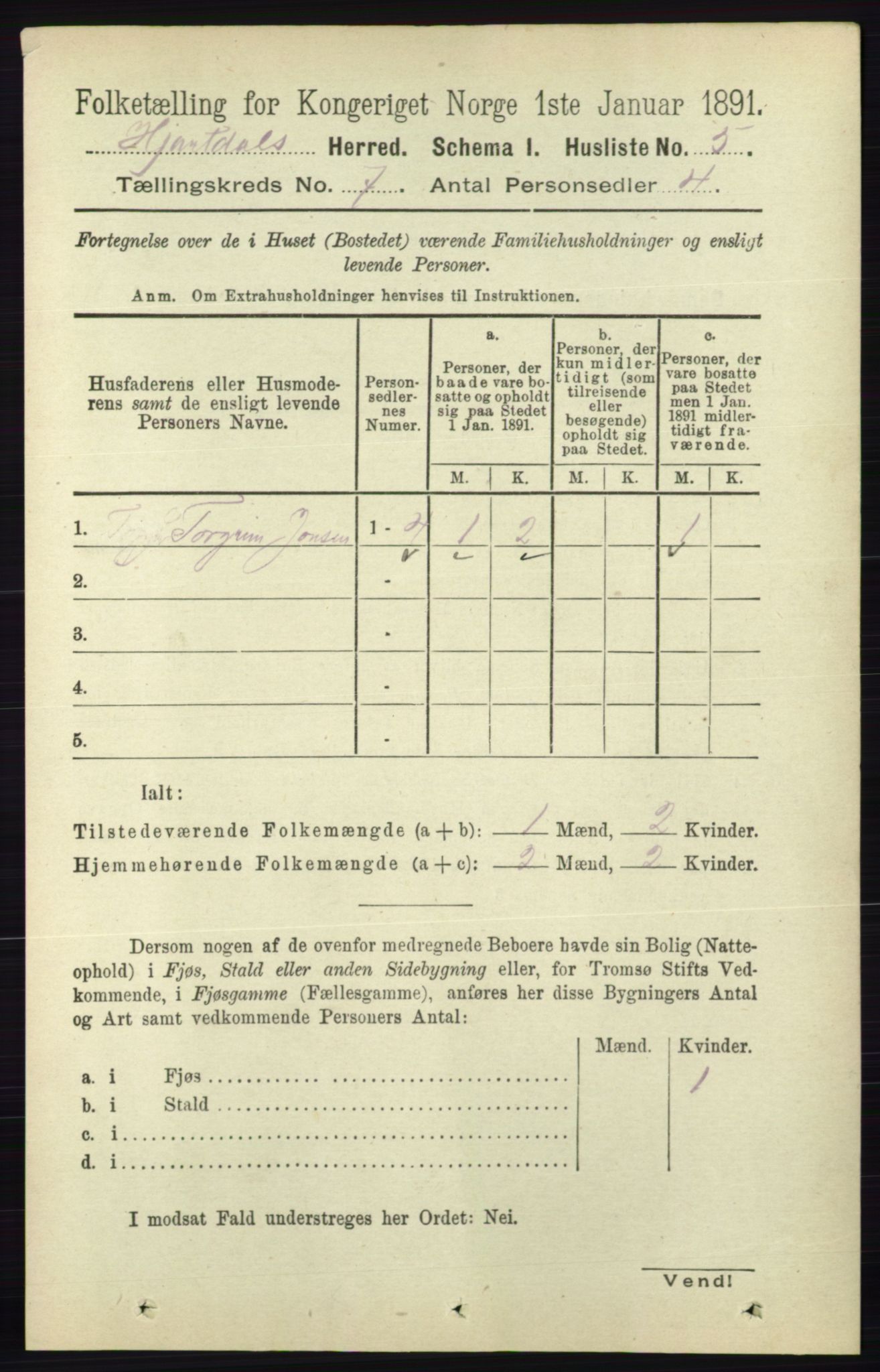 RA, 1891 census for 0827 Hjartdal, 1891, p. 2500