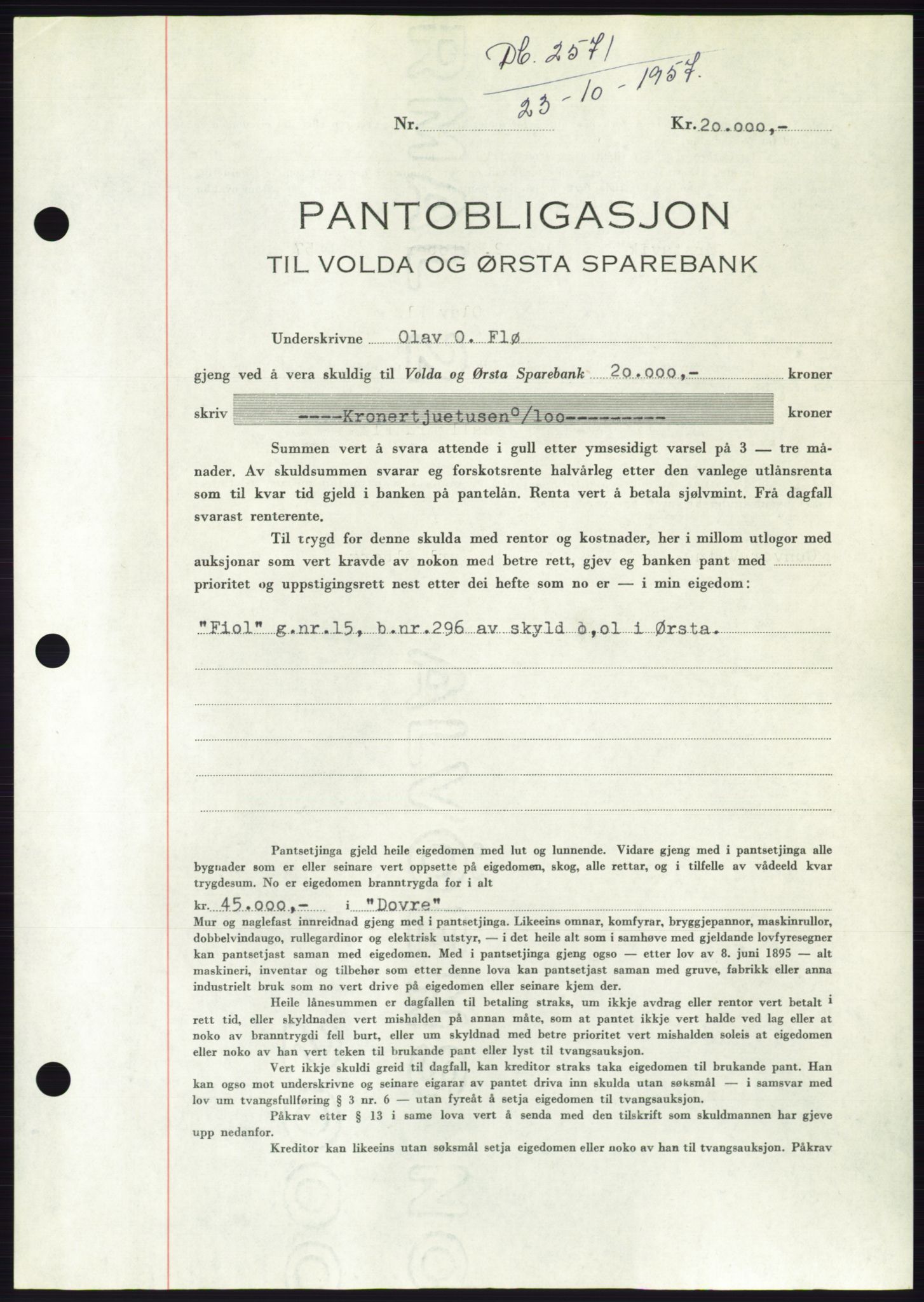 Søre Sunnmøre sorenskriveri, AV/SAT-A-4122/1/2/2C/L0130: Mortgage book no. 18B, 1957-1958, Diary no: : 2571/1957