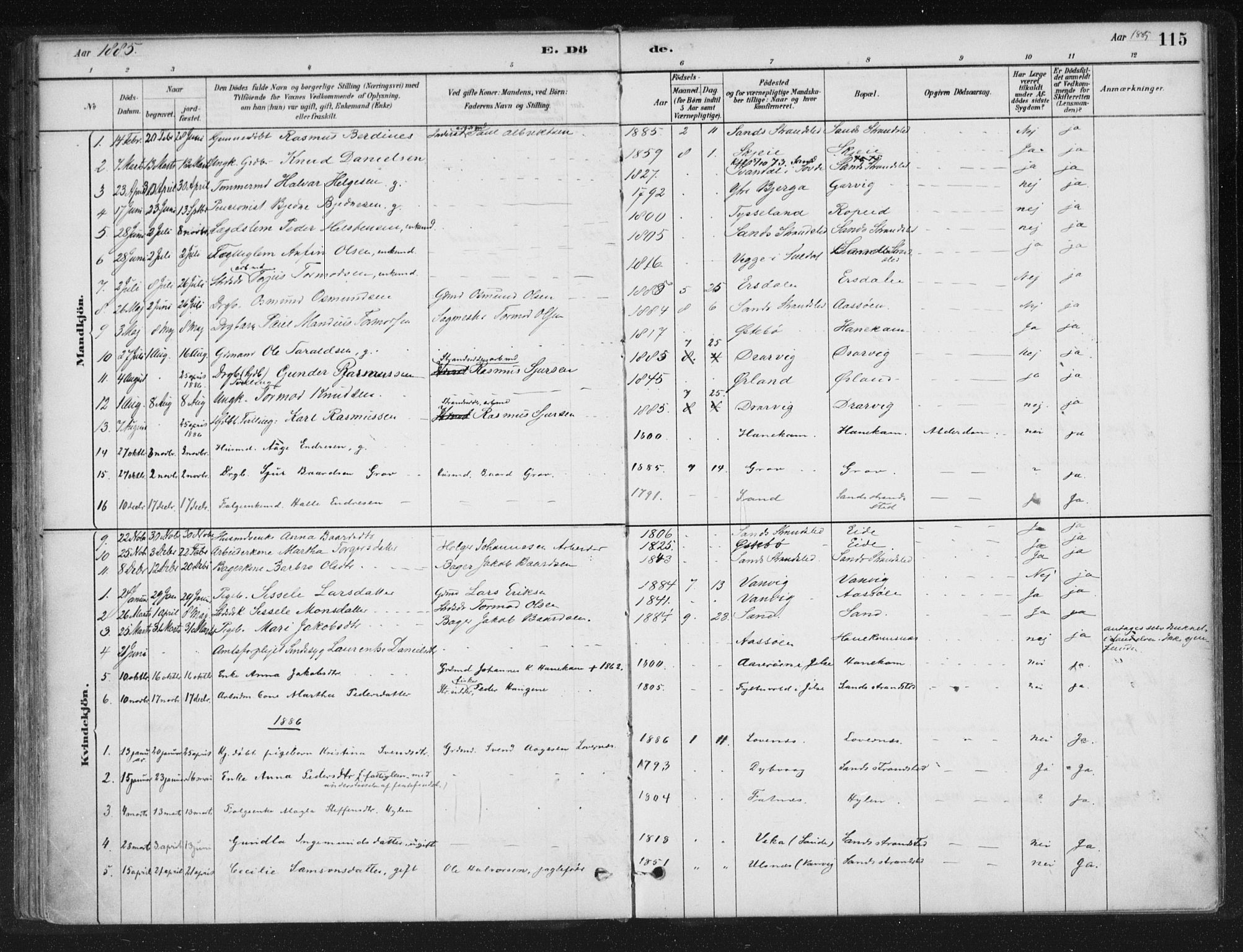 Sand sokneprestkontor, SAST/A-101848/01/III/L0005: Parish register (official) no. A 5, 1880-1898, p. 115