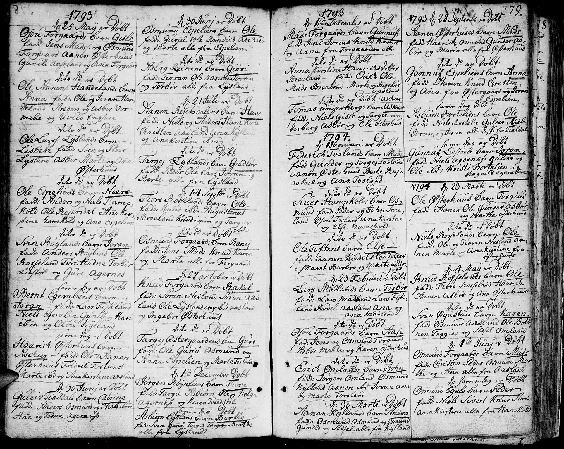 Bjelland sokneprestkontor, SAK/1111-0005/F/Fa/Faa/L0001: Parish register (official) no. A 1 /4, 1793-1815, p. 279