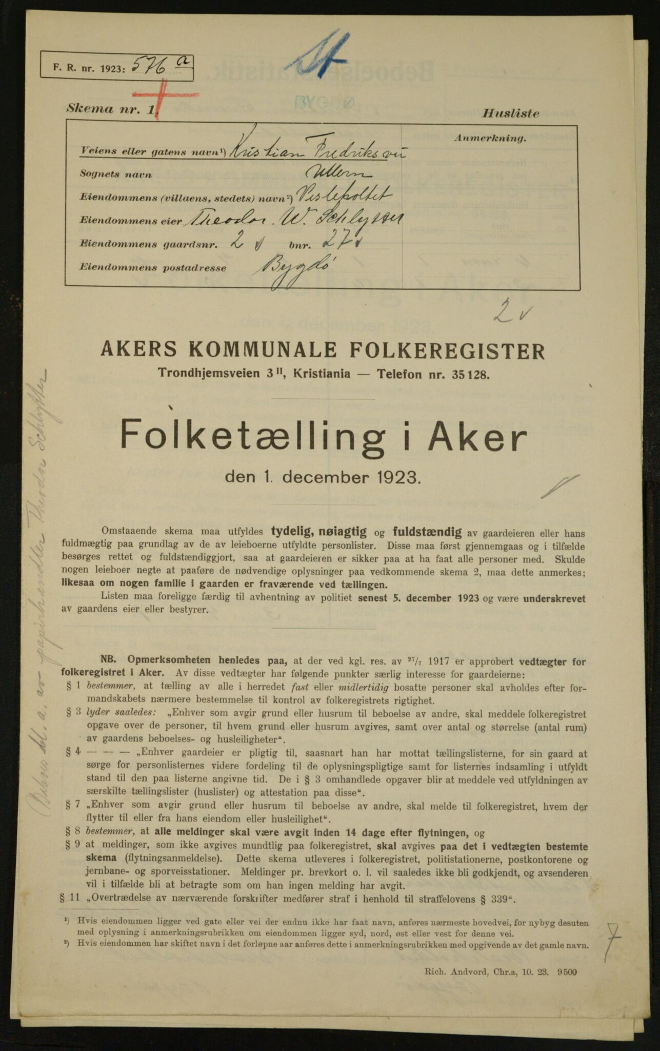 , Municipal Census 1923 for Aker, 1923, p. 3344