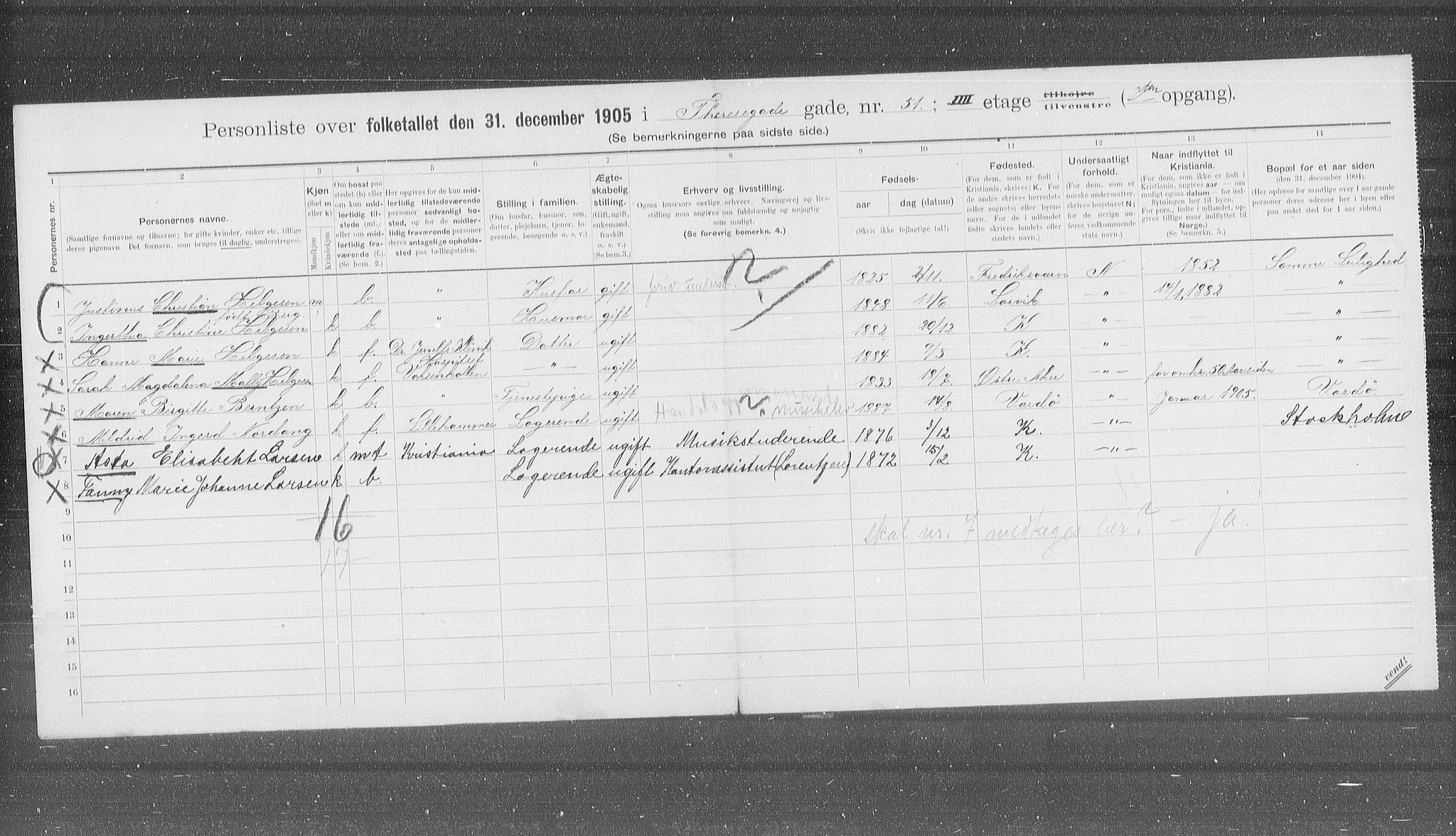 OBA, Municipal Census 1905 for Kristiania, 1905, p. 57005