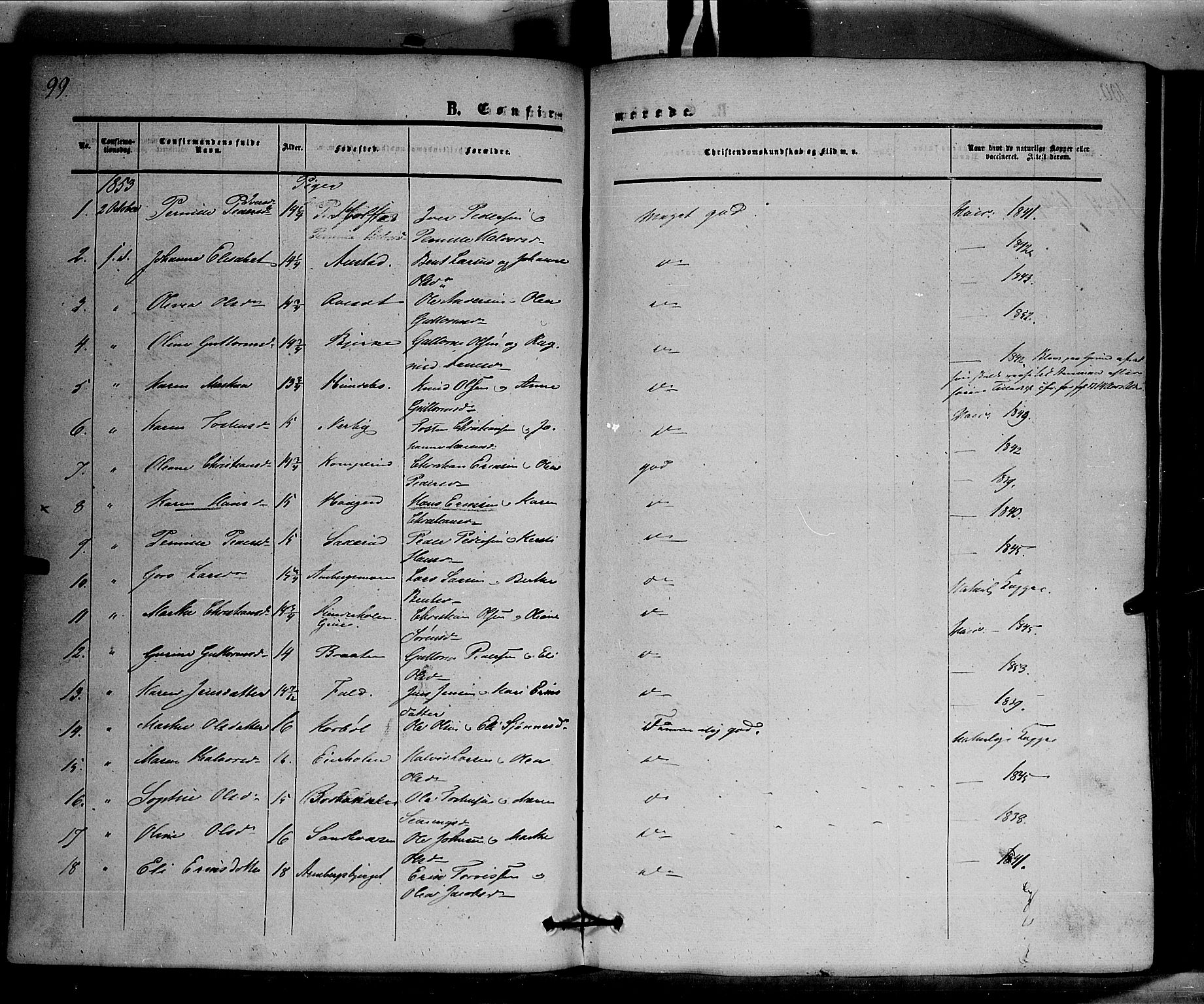 Hof prestekontor, SAH/PREST-038/H/Ha/Haa/L0008: Parish register (official) no. 8, 1849-1861, p. 99