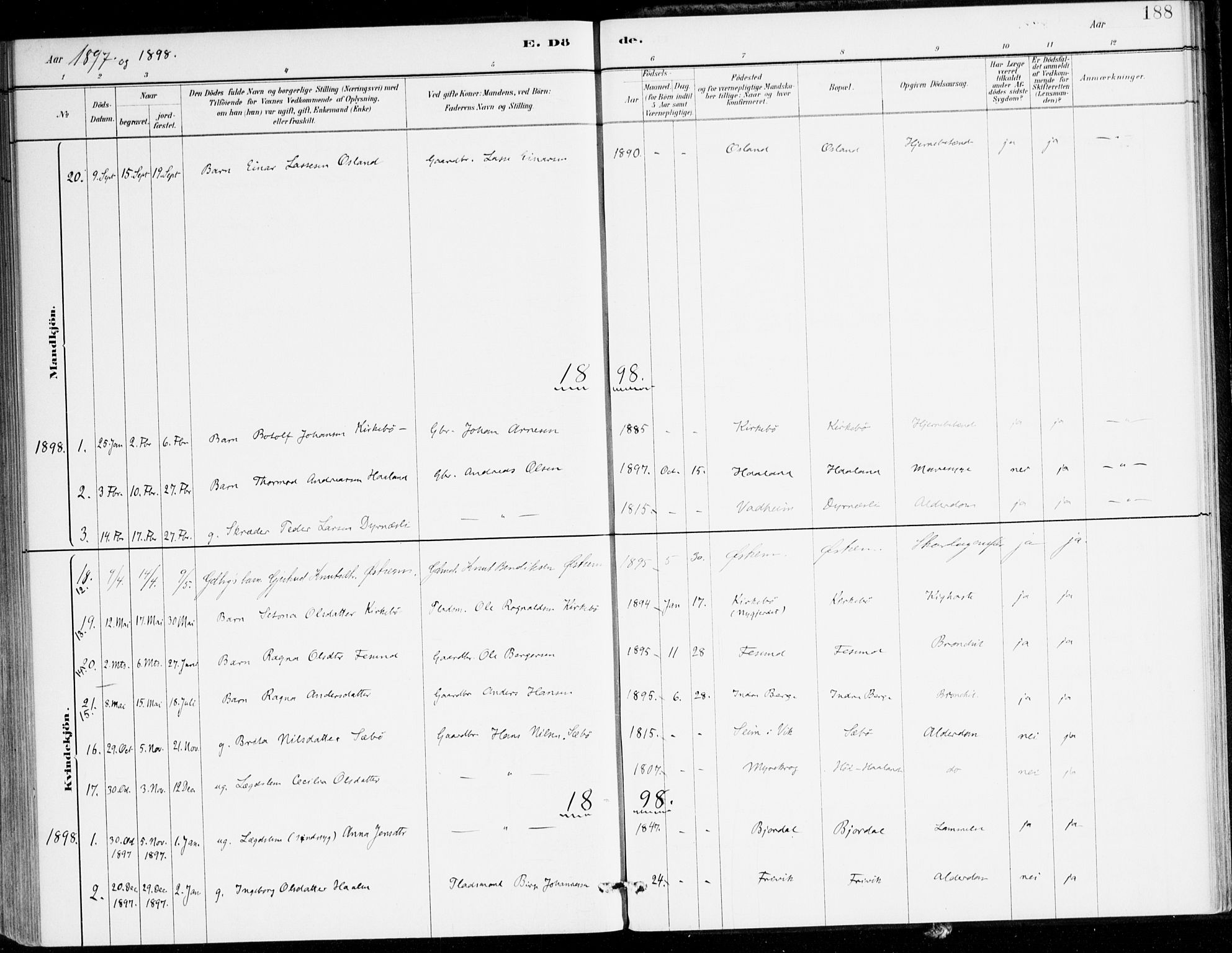 Lavik sokneprestembete, AV/SAB-A-80901: Parish register (official) no. C 1, 1882-1904, p. 188