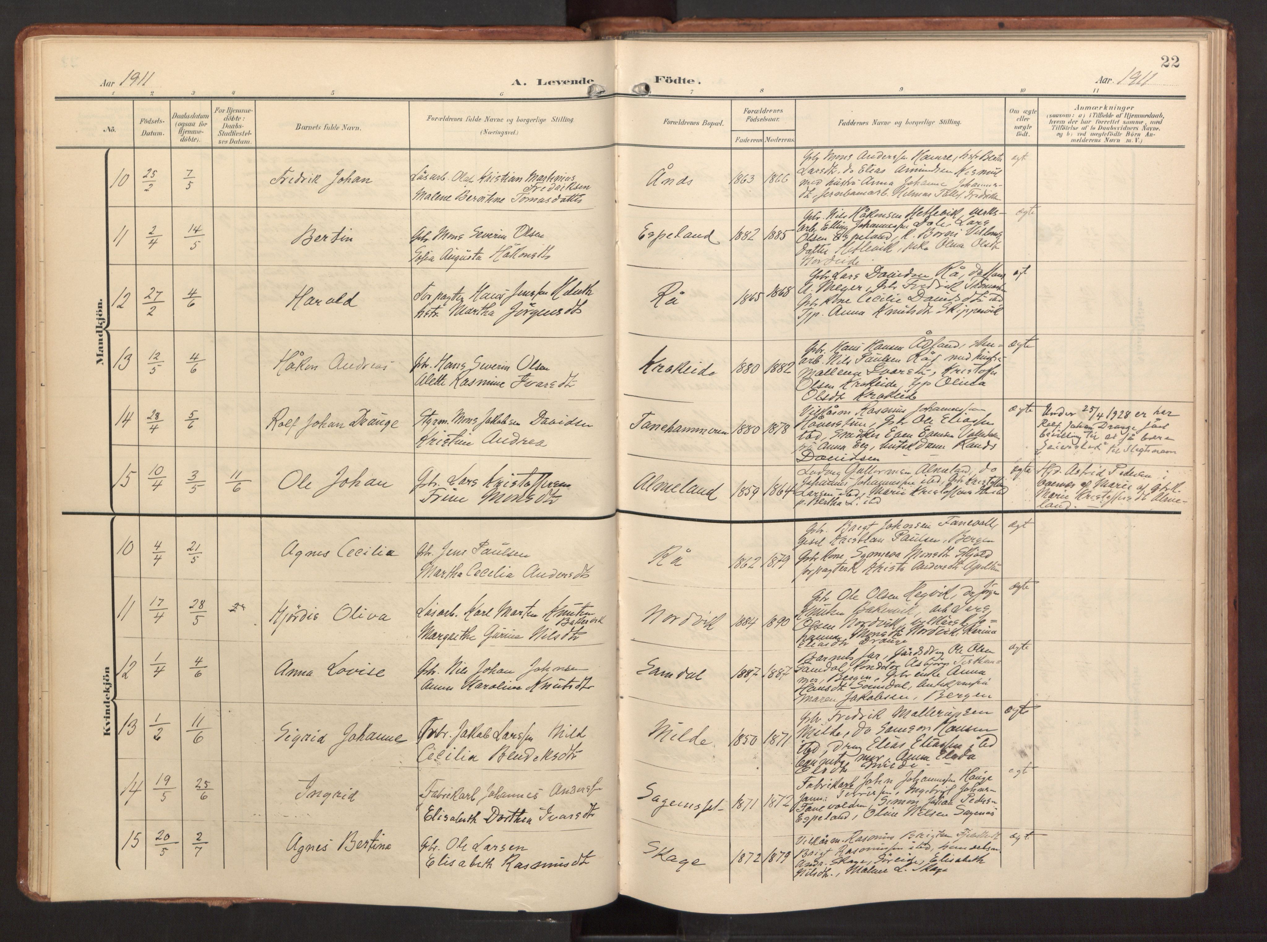 Fana Sokneprestembete, AV/SAB-A-75101/H/Haa/Haab/L0004: Parish register (official) no. B 4, 1908-1915, p. 22