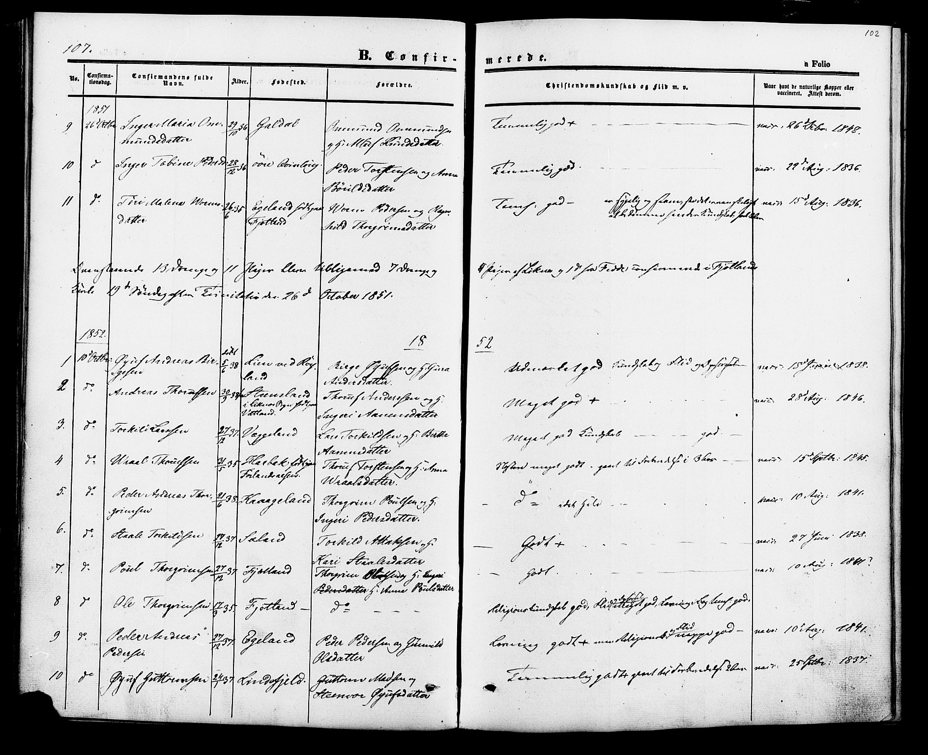 Fjotland sokneprestkontor, AV/SAK-1111-0010/F/Fa/L0001: Parish register (official) no. A 1, 1850-1879, p. 102