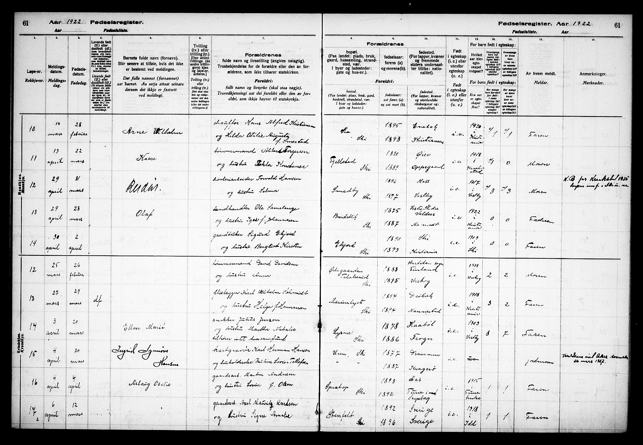 Kråkstad prestekontor Kirkebøker, AV/SAO-A-10125a/J/Jb/L0001: Birth register no. II 1, 1916-1936, p. 61