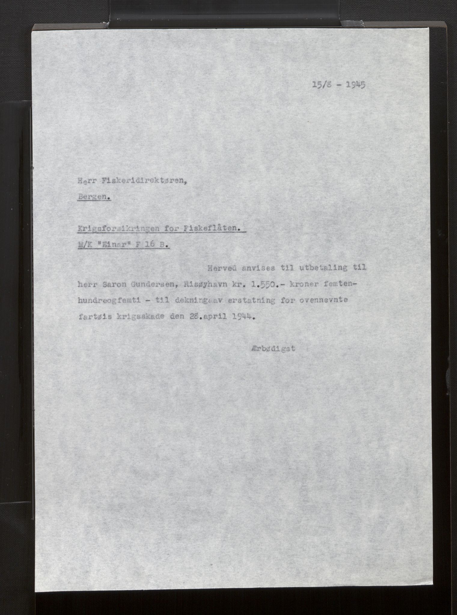 Fiskeridirektoratet - 1 Adm. ledelse - 13 Båtkontoret, AV/SAB-A-2003/La/L0058: Statens krigsforsikring for fiskeflåten, 1936-1971, p. 185