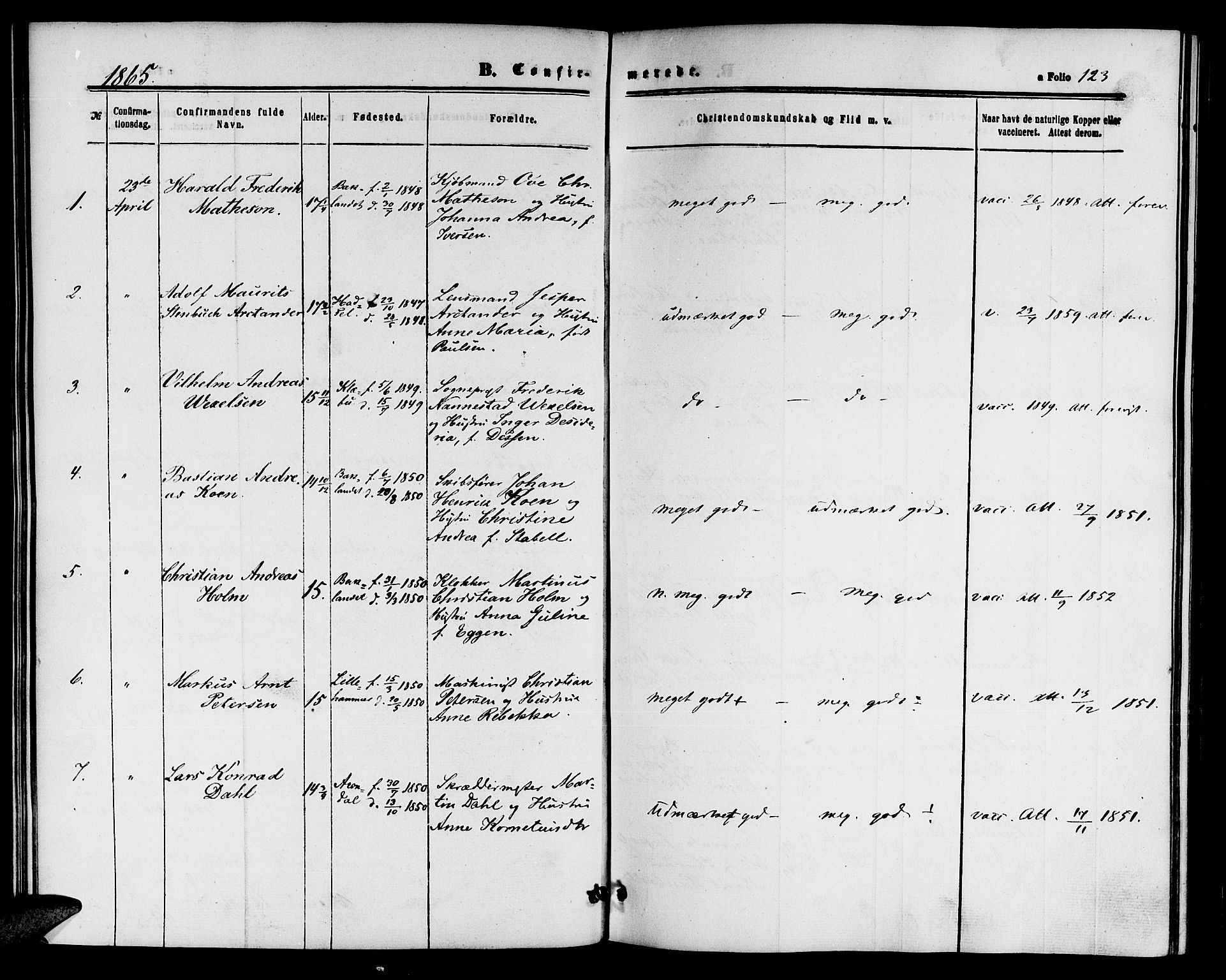 Ministerialprotokoller, klokkerbøker og fødselsregistre - Sør-Trøndelag, SAT/A-1456/604/L0185: Parish register (official) no. 604A06, 1861-1865, p. 123