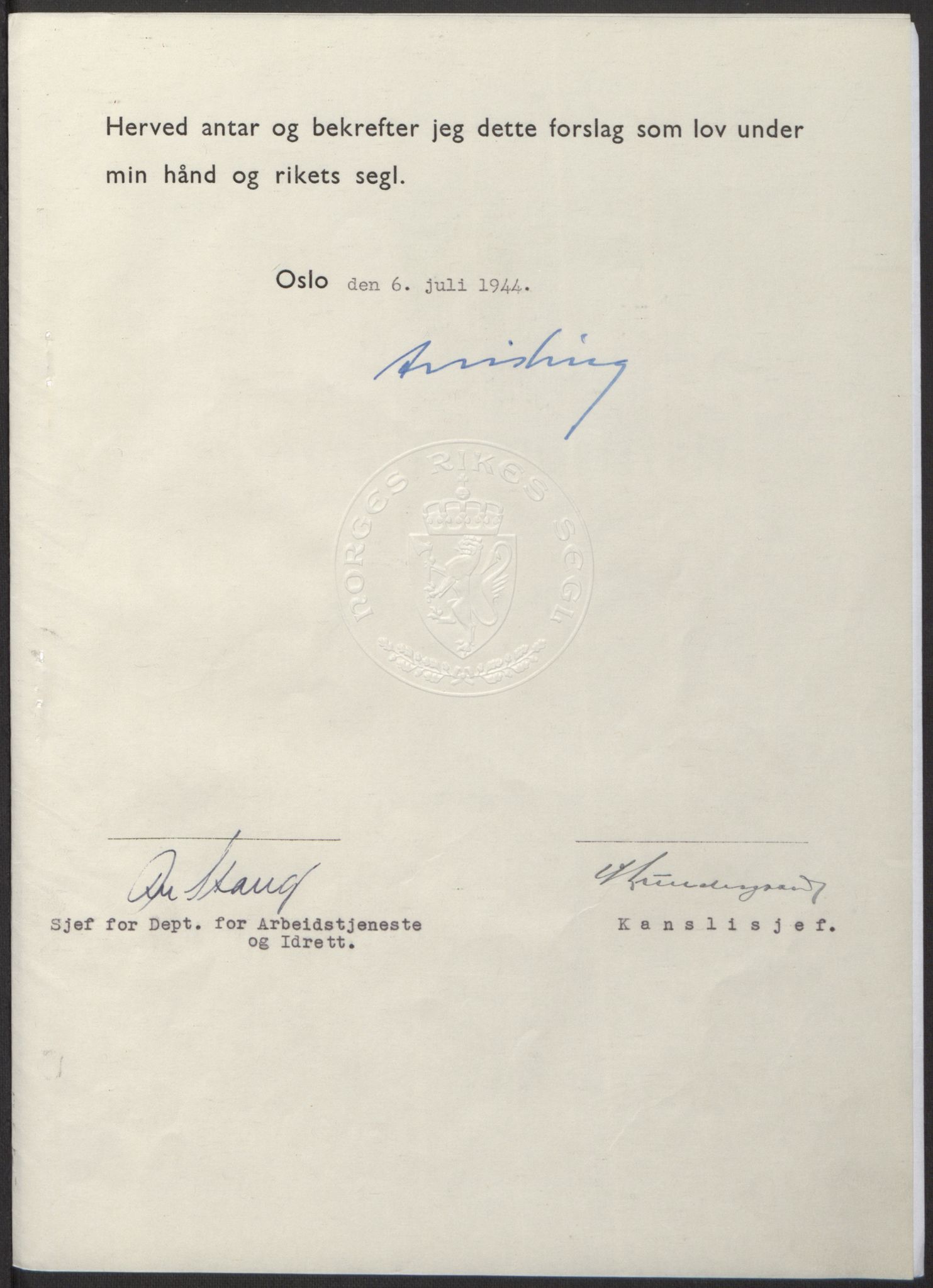 NS-administrasjonen 1940-1945 (Statsrådsekretariatet, de kommisariske statsråder mm), AV/RA-S-4279/D/Db/L0100: Lover, 1944, p. 335