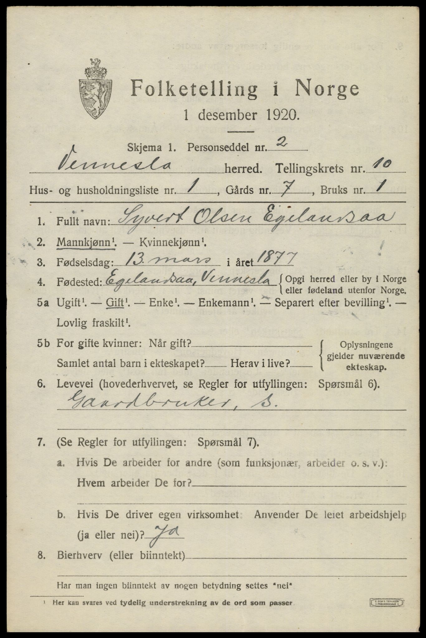 SAK, 1920 census for Vennesla, 1920, p. 6722