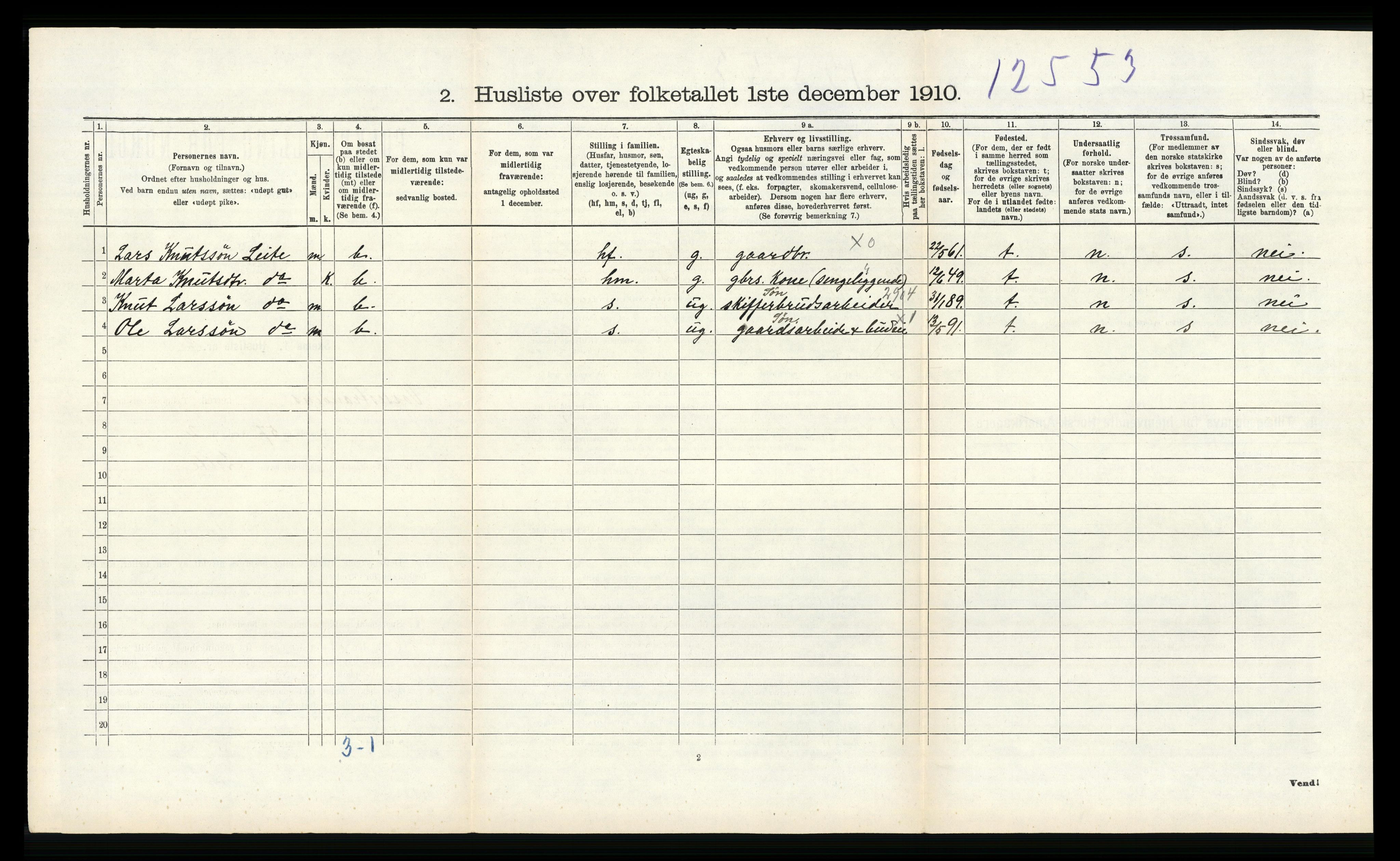 RA, 1910 census for Vossestrand, 1910, p. 424