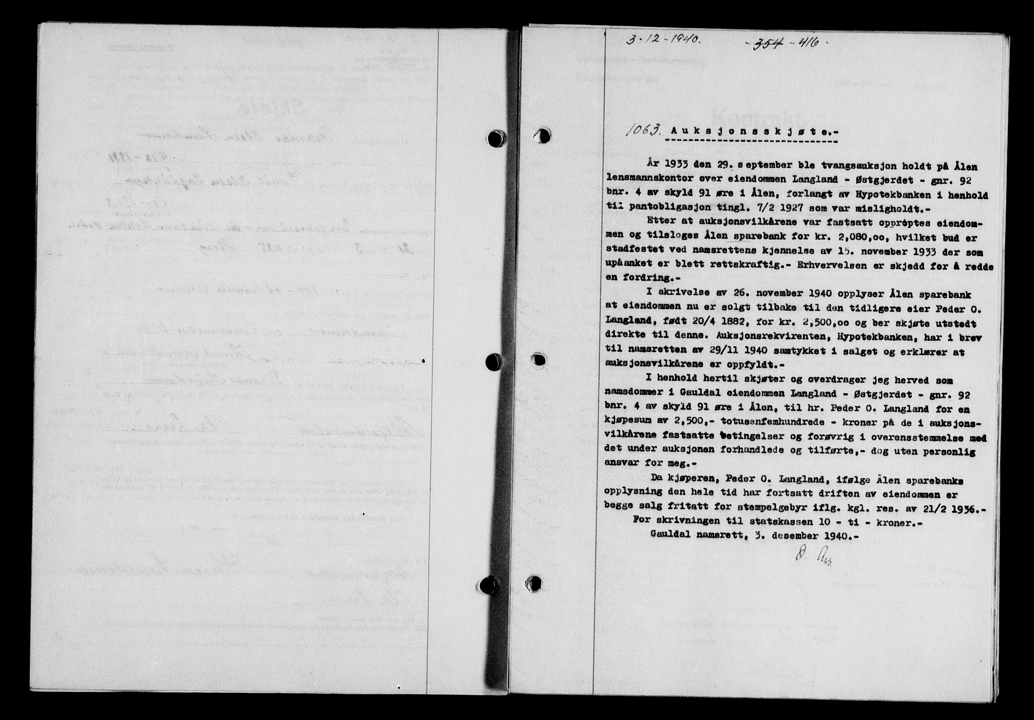 Gauldal sorenskriveri, SAT/A-0014/1/2/2C/L0052: Mortgage book no. 57, 1940-1941, Diary no: : 1063/1940