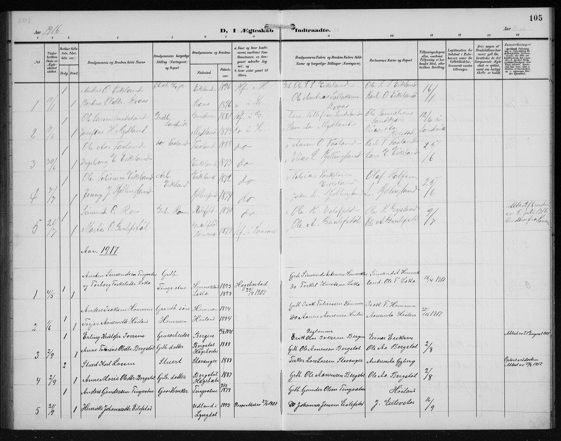 Hægebostad sokneprestkontor, AV/SAK-1111-0024/F/Fb/Fba/L0005: Parish register (copy) no. B 5, 1907-1931, p. 105