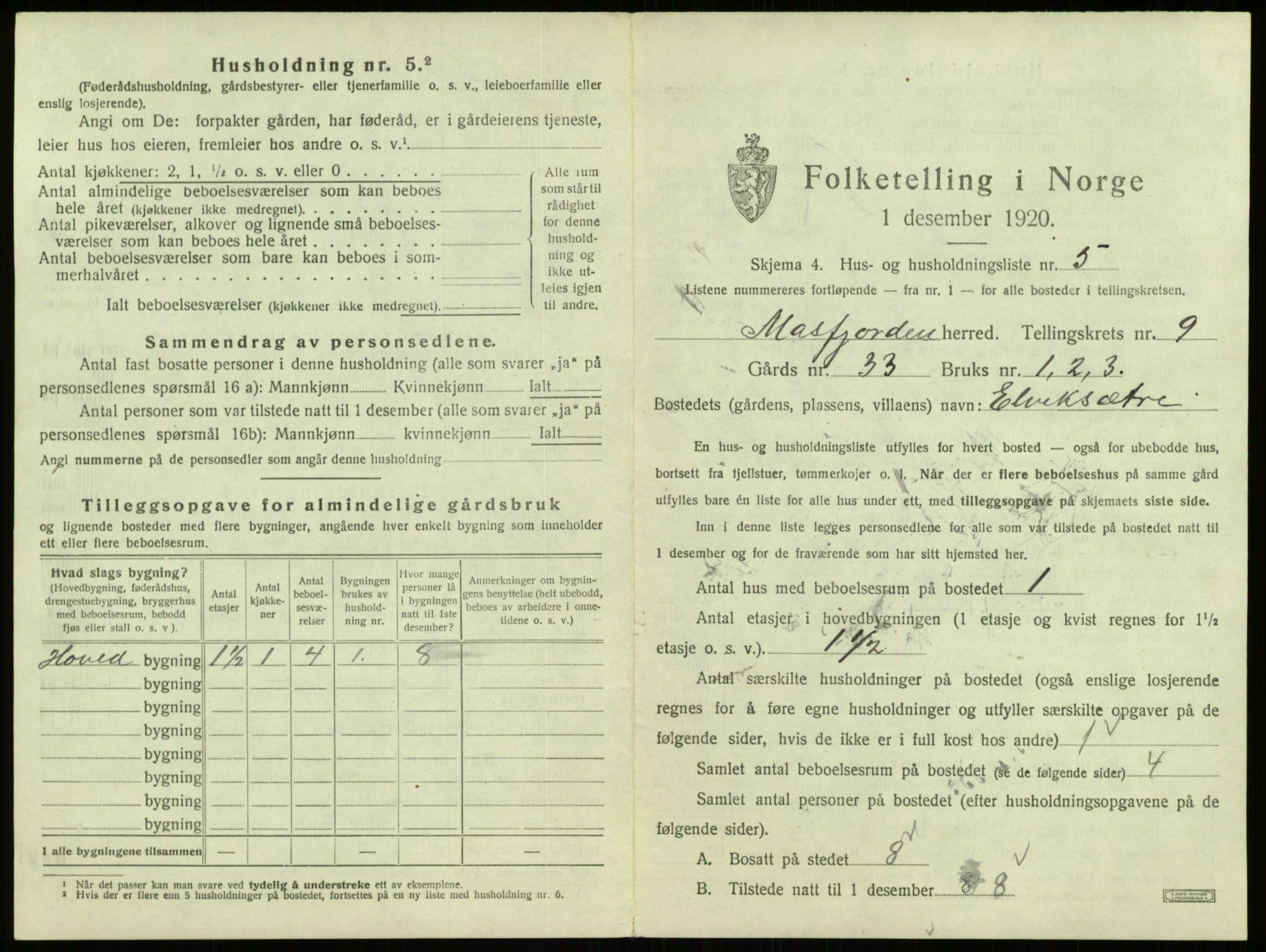 SAB, 1920 census for Masfjorden, 1920, p. 434