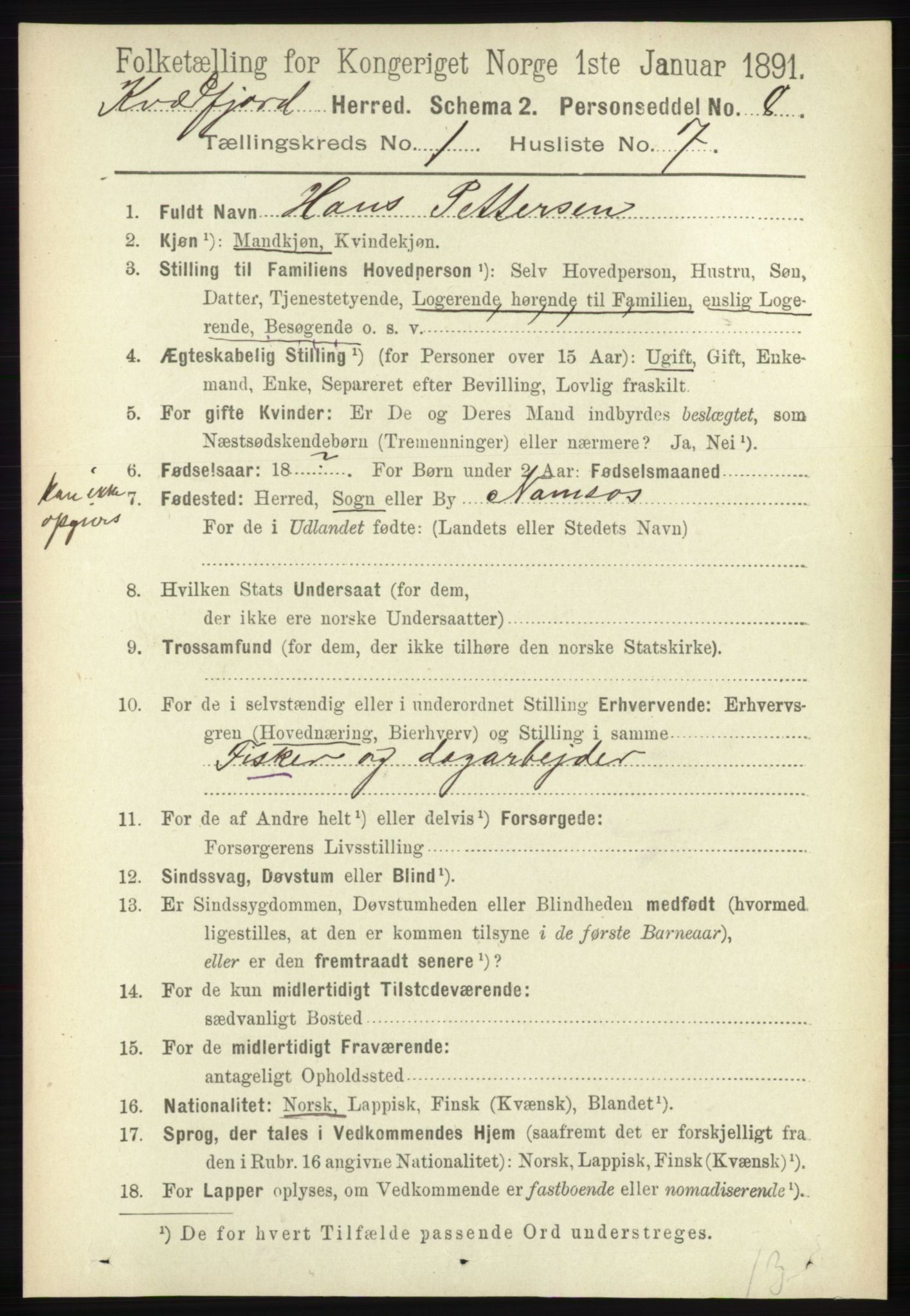 RA, 1891 census for 1911 Kvæfjord, 1891, p. 149