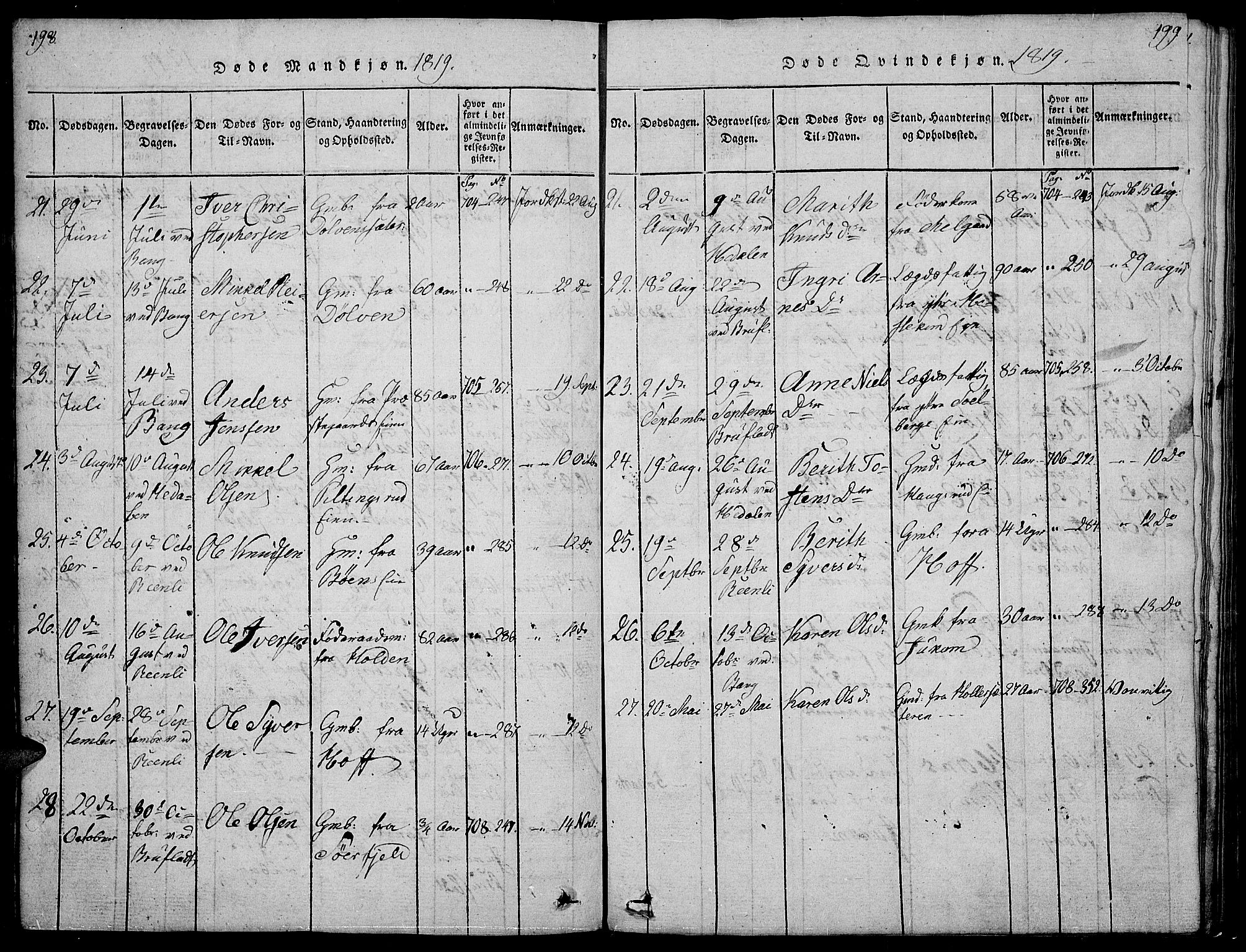 Sør-Aurdal prestekontor, SAH/PREST-128/H/Ha/Hab/L0001: Parish register (copy) no. 1, 1815-1826, p. 198-199