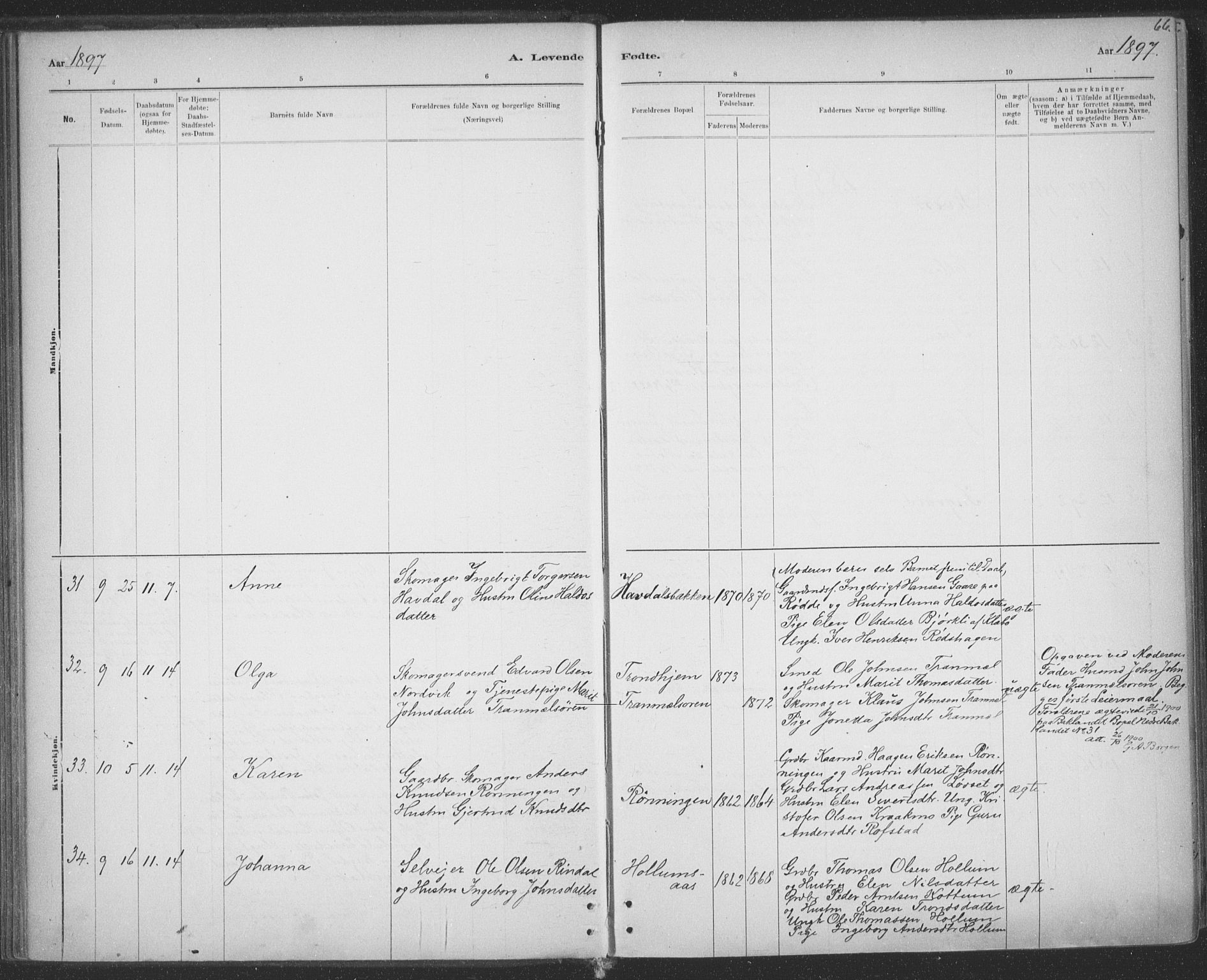 Ministerialprotokoller, klokkerbøker og fødselsregistre - Sør-Trøndelag, SAT/A-1456/691/L1085: Parish register (official) no. 691A17, 1887-1908, p. 66