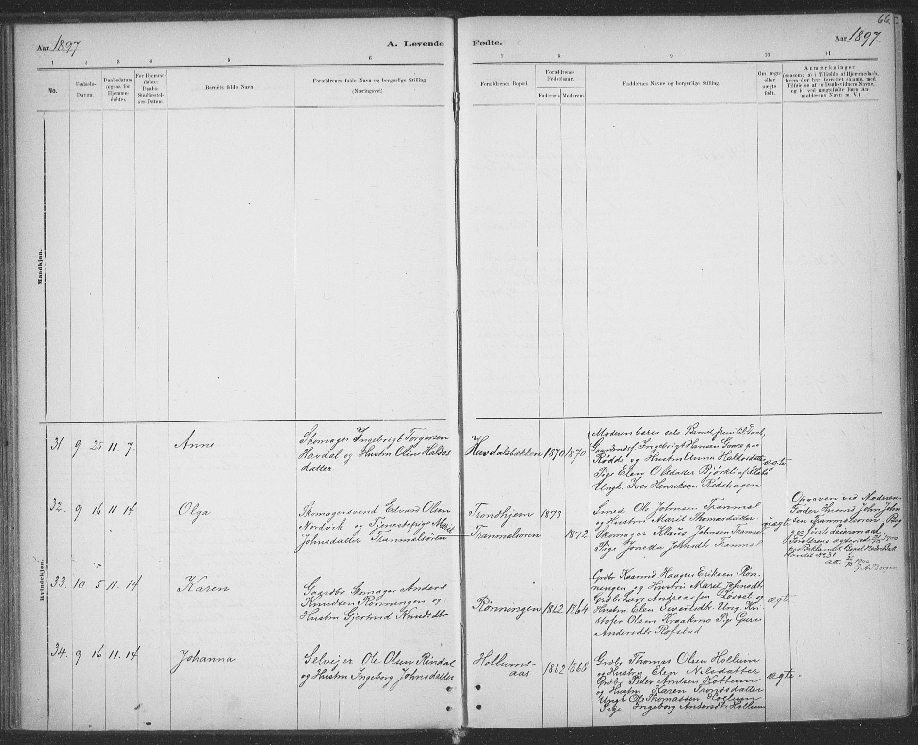 Ministerialprotokoller, klokkerbøker og fødselsregistre - Sør-Trøndelag, AV/SAT-A-1456/691/L1085: Parish register (official) no. 691A17, 1887-1908, p. 66