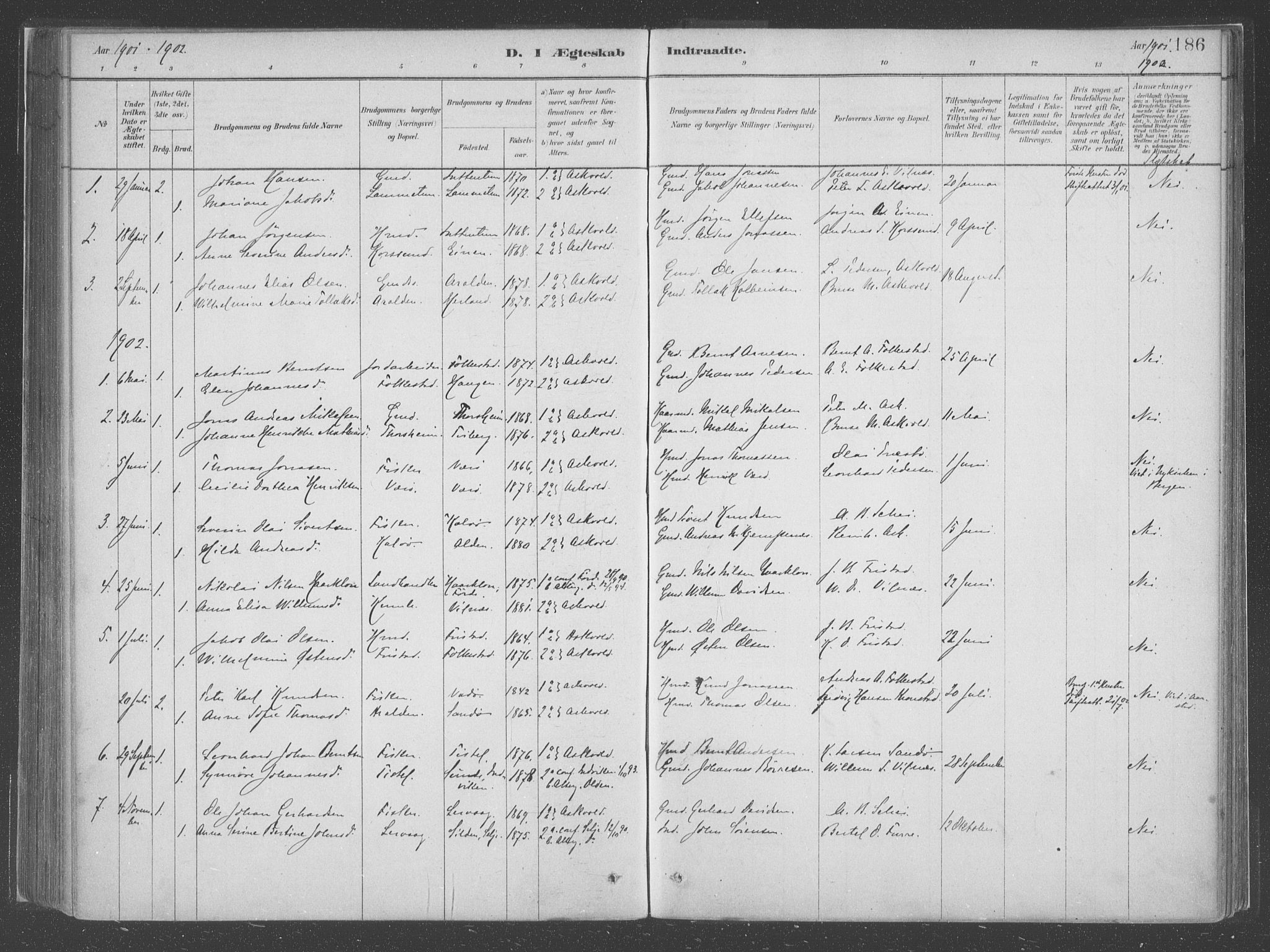 Askvoll sokneprestembete, SAB/A-79501/H/Haa/Haac/L0001: Parish register (official) no. C  1, 1879-1922, p. 186