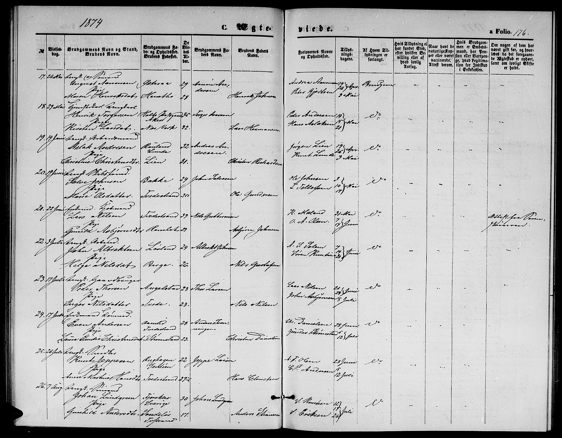 Holt sokneprestkontor, AV/SAK-1111-0021/F/Fb/L0009: Parish register (copy) no. B 9, 1871-1883, p. 176