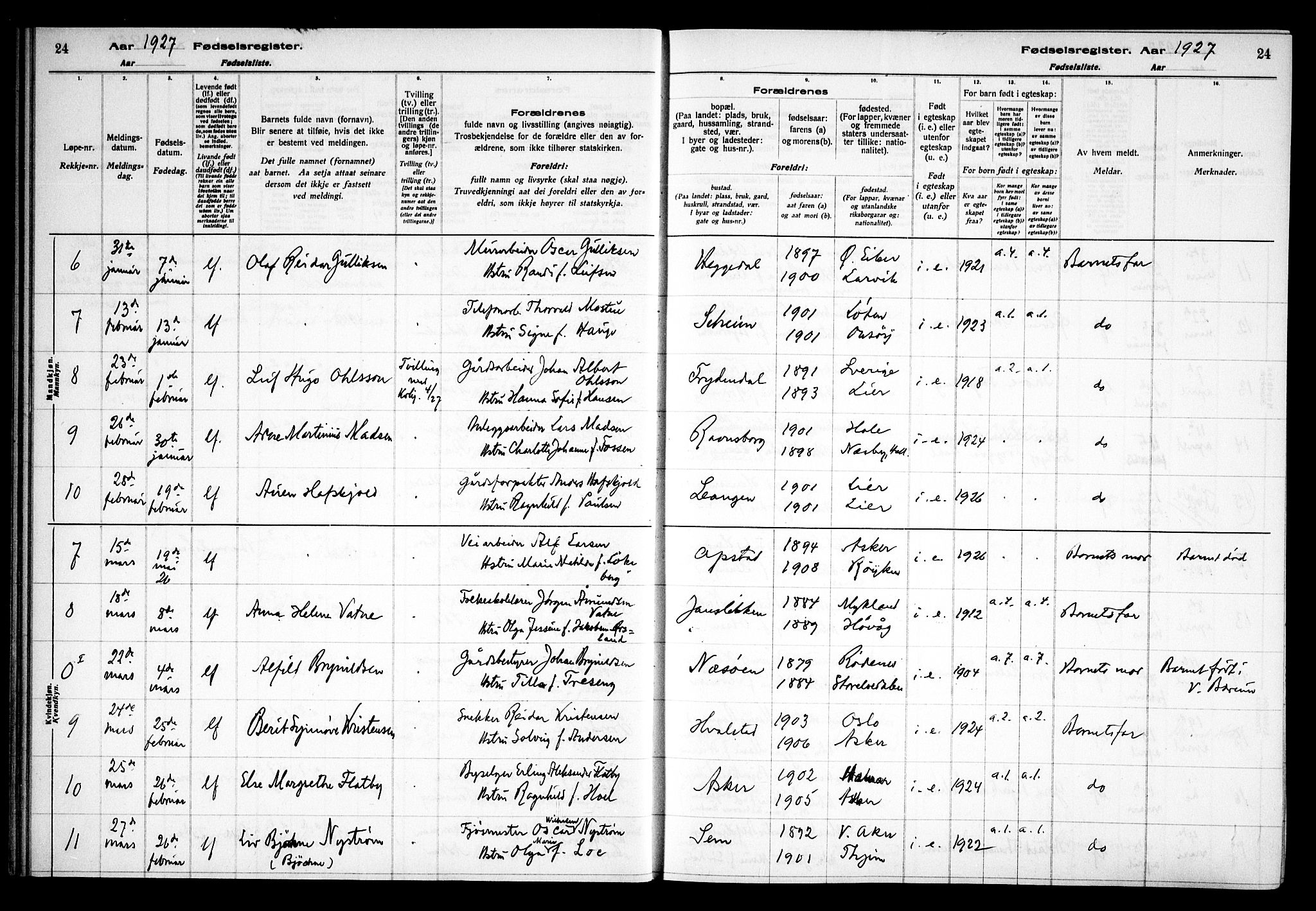 Asker prestekontor Kirkebøker, SAO/A-10256a/J/L0002: Birth register no. 2, 1925-1938, p. 24