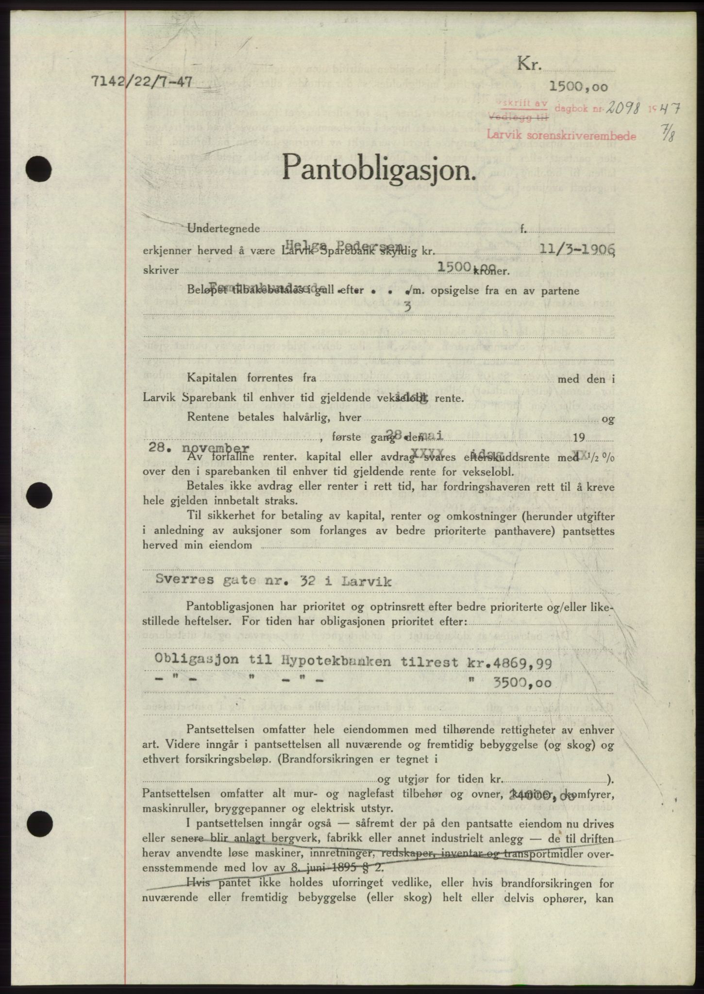 Larvik sorenskriveri, AV/SAKO-A-83/G/Ga/Gac/L0012: Mortgage book no. B-12, 1947-1947, Diary no: : 2098/1947