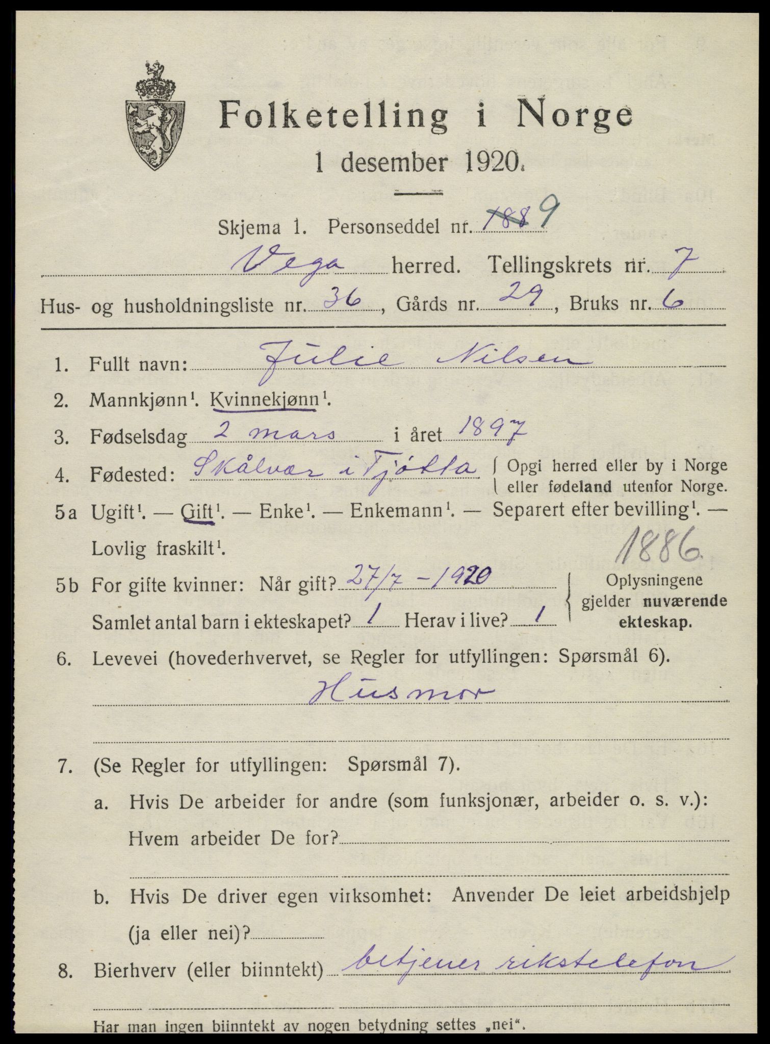 SAT, 1920 census for Vega, 1920, p. 3785