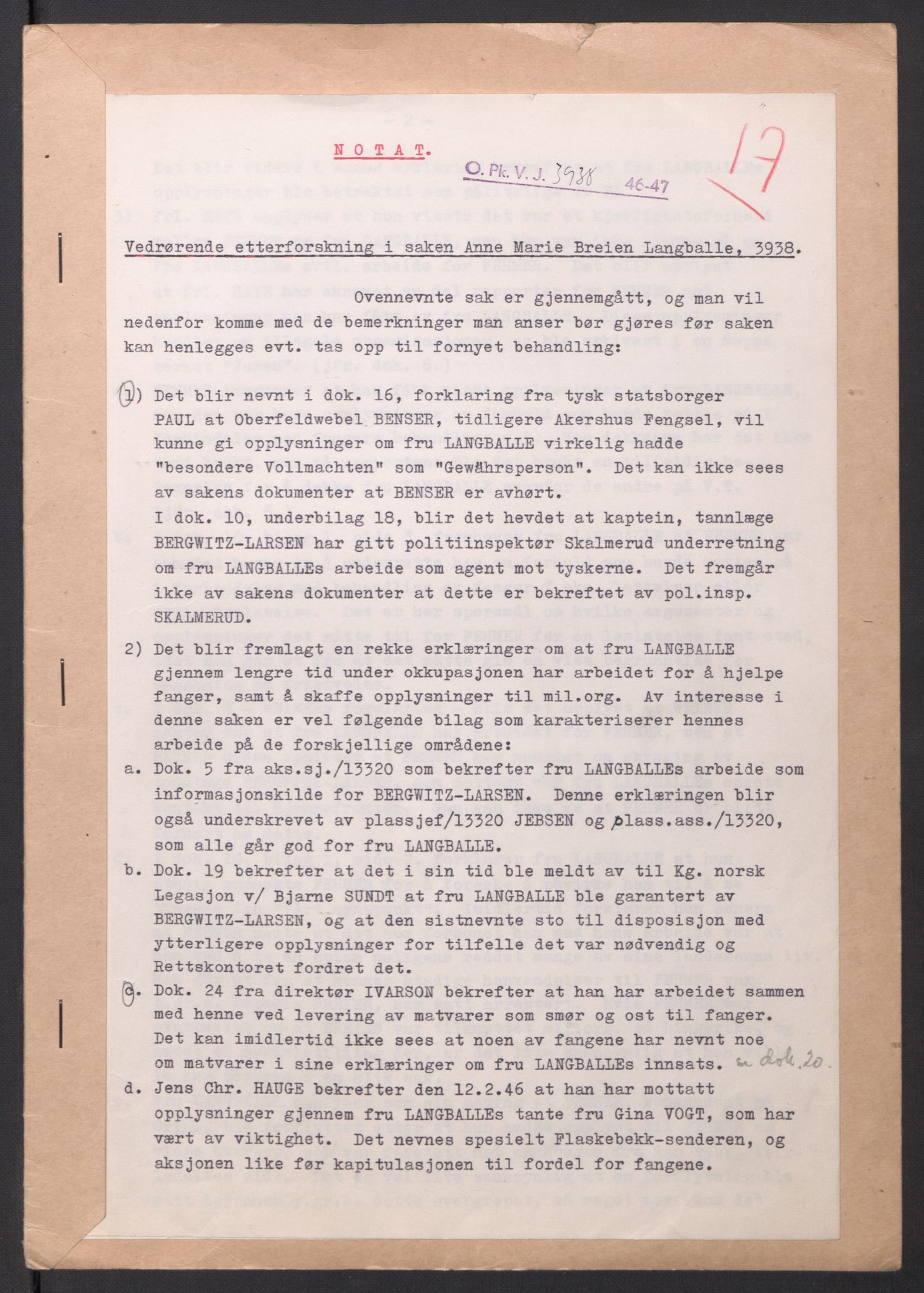 Landssvikarkivet, Oslo politikammer, AV/RA-S-3138-01/D/Dg/L0267/3699: Henlagt hnr. 3658 - 3665 / Hnr. 3662, 1945-1946, p. 257