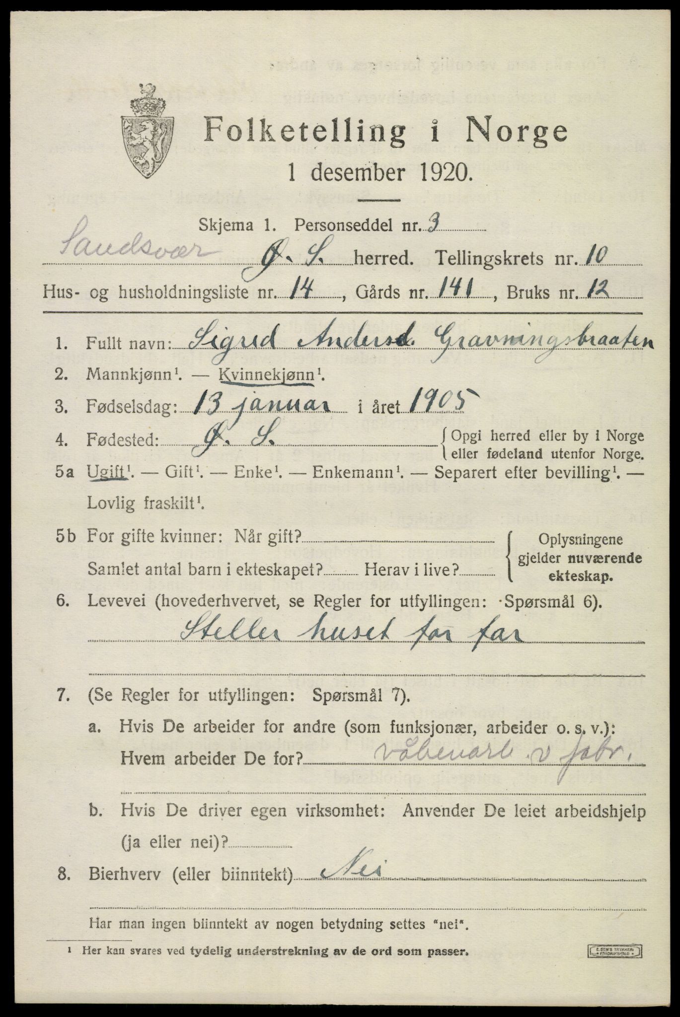SAKO, 1920 census for Øvre Sandsvær, 1920, p. 5700